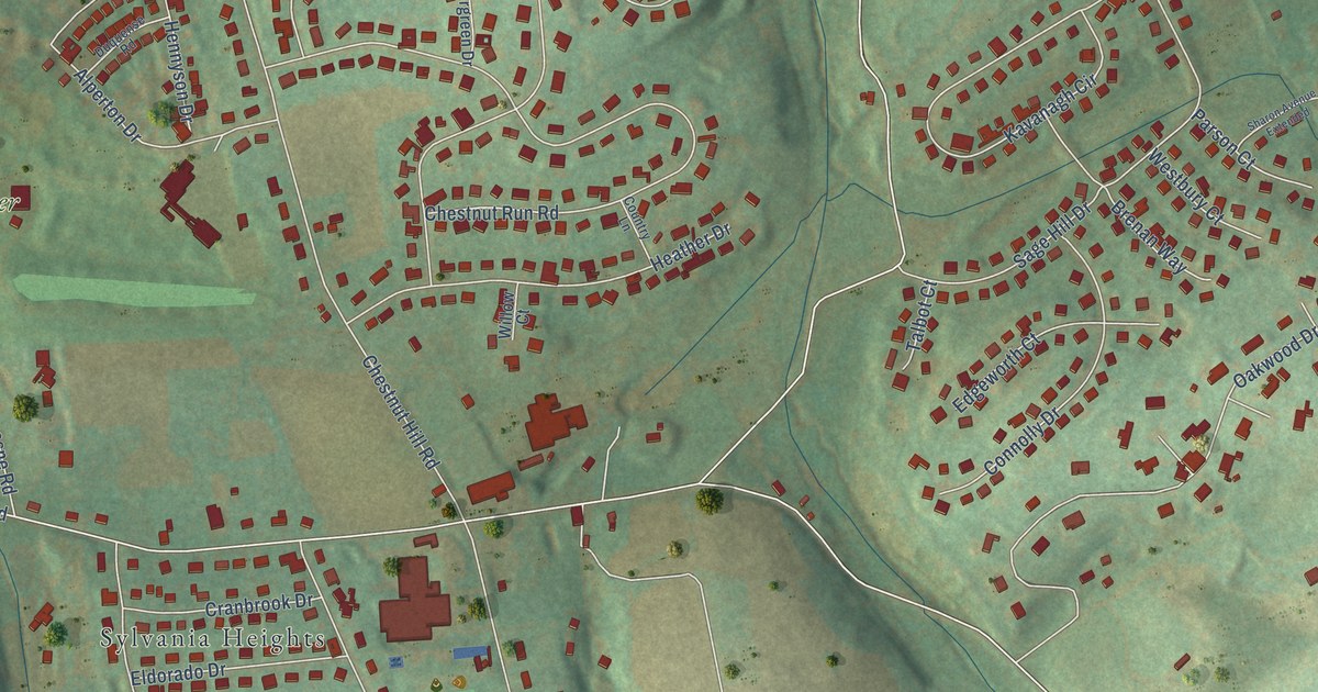 Close-up of streets and buildings in Ore Valley, Pennsylvania