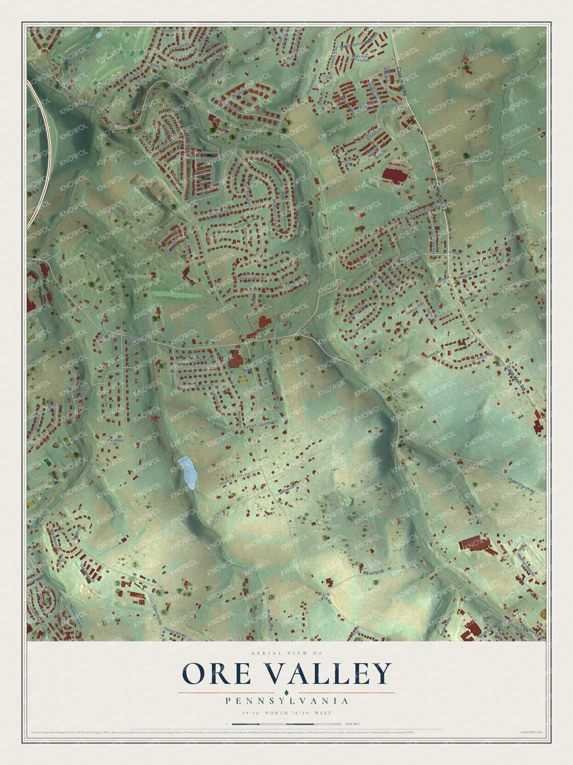 Full map of Ore Valley, Pennsylvania, with red buildings, printed street names and the land around them