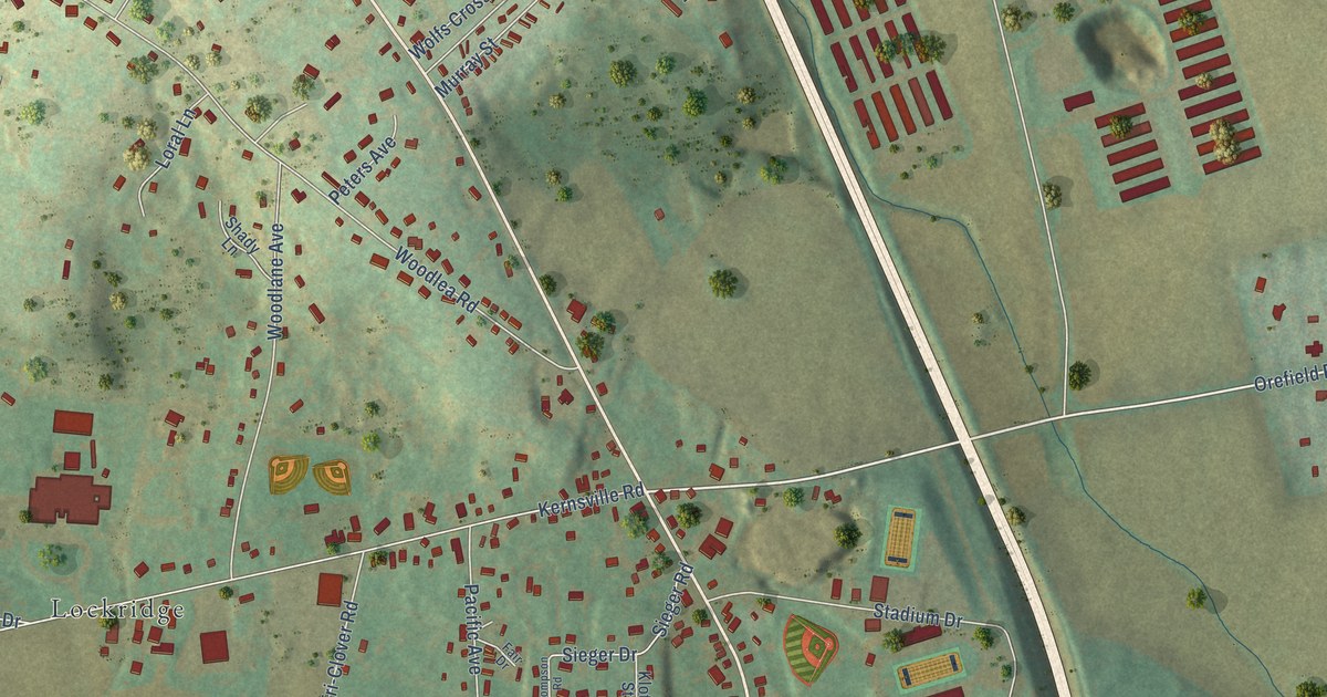 Close-up of streets and buildings in Orefield, Pennsylvania
