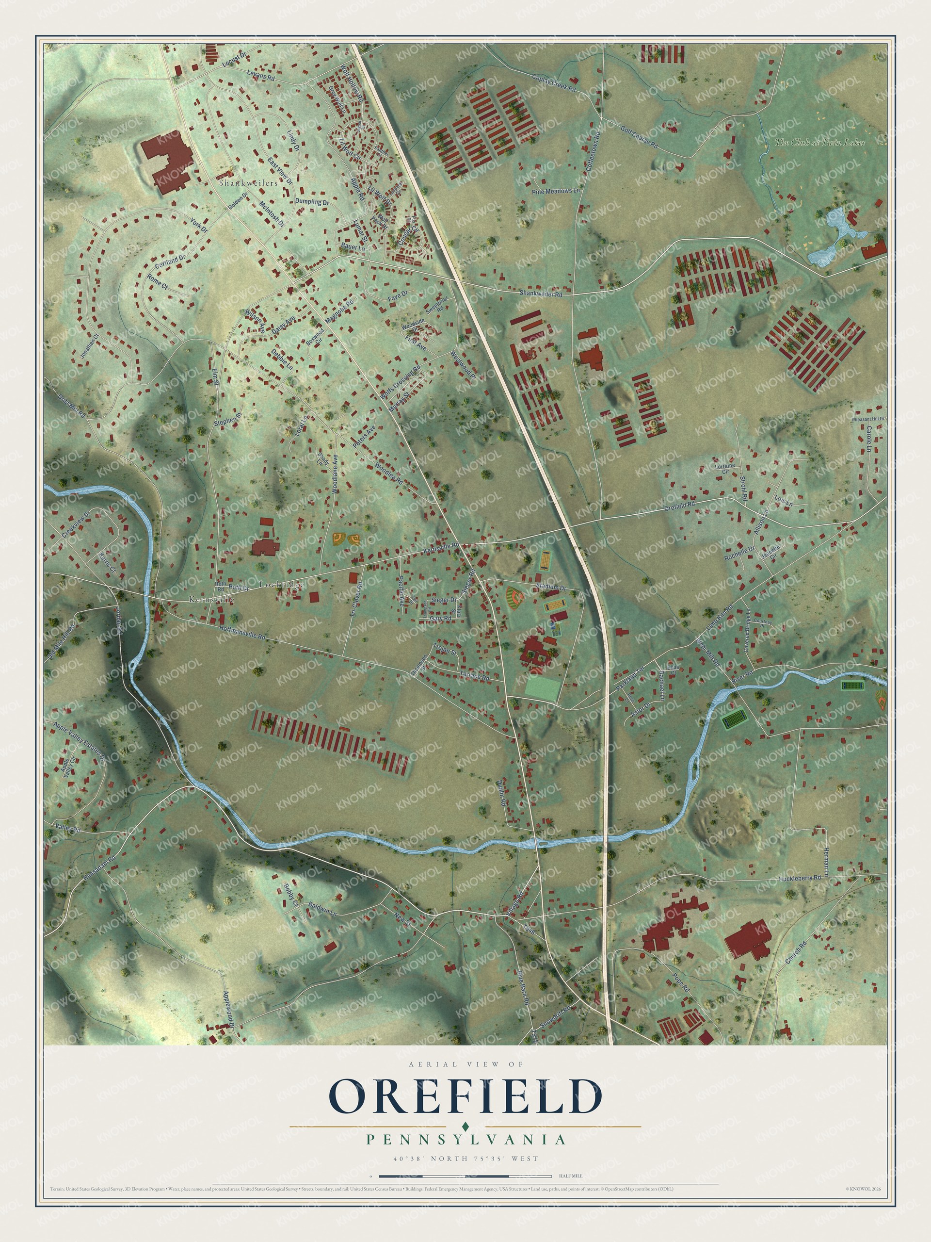 Full map of Orefield, Pennsylvania, with red buildings, printed street names and the land around them
