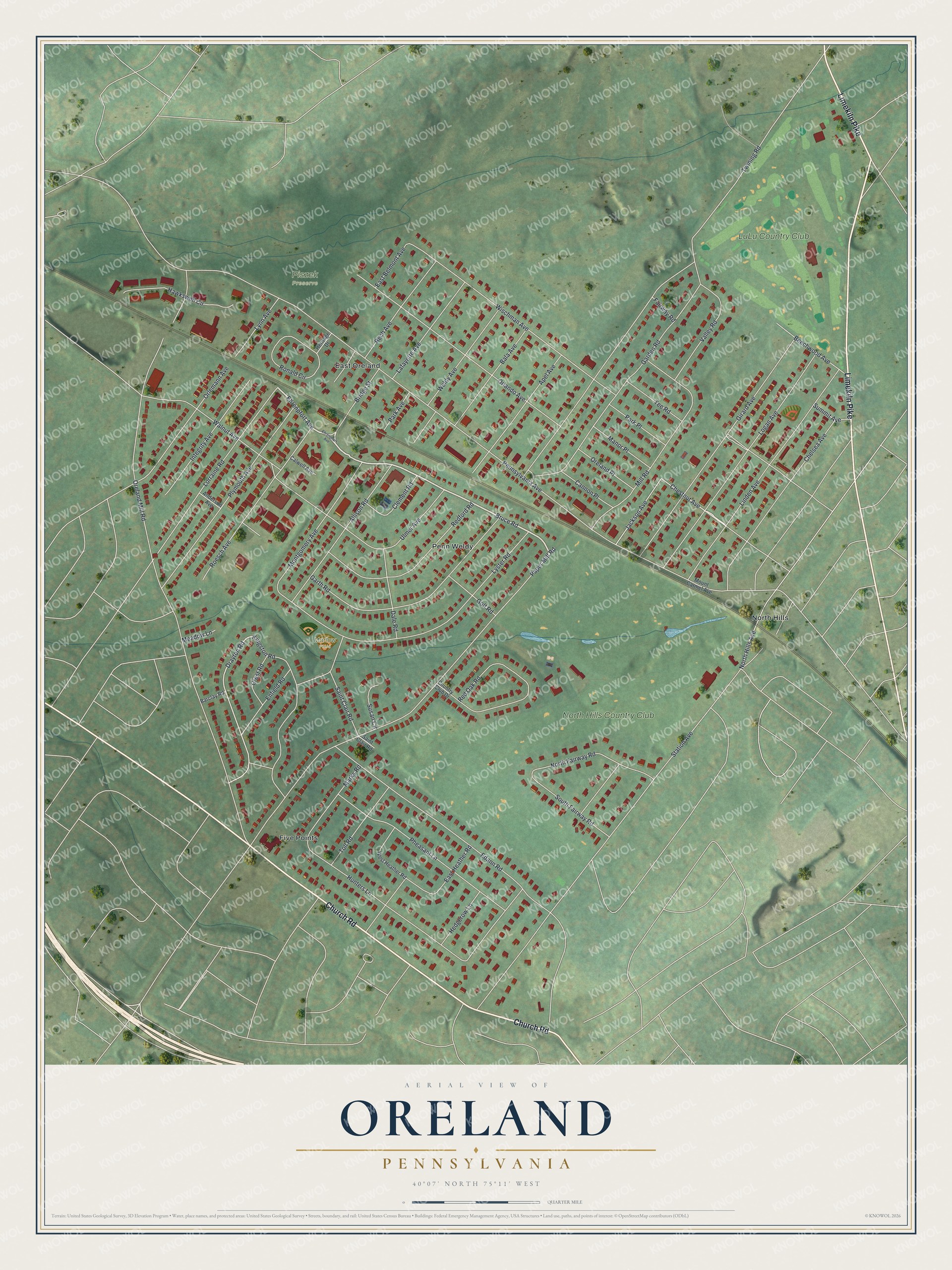 Full map of Oreland, Pennsylvania, with red buildings, printed street names and the land around them