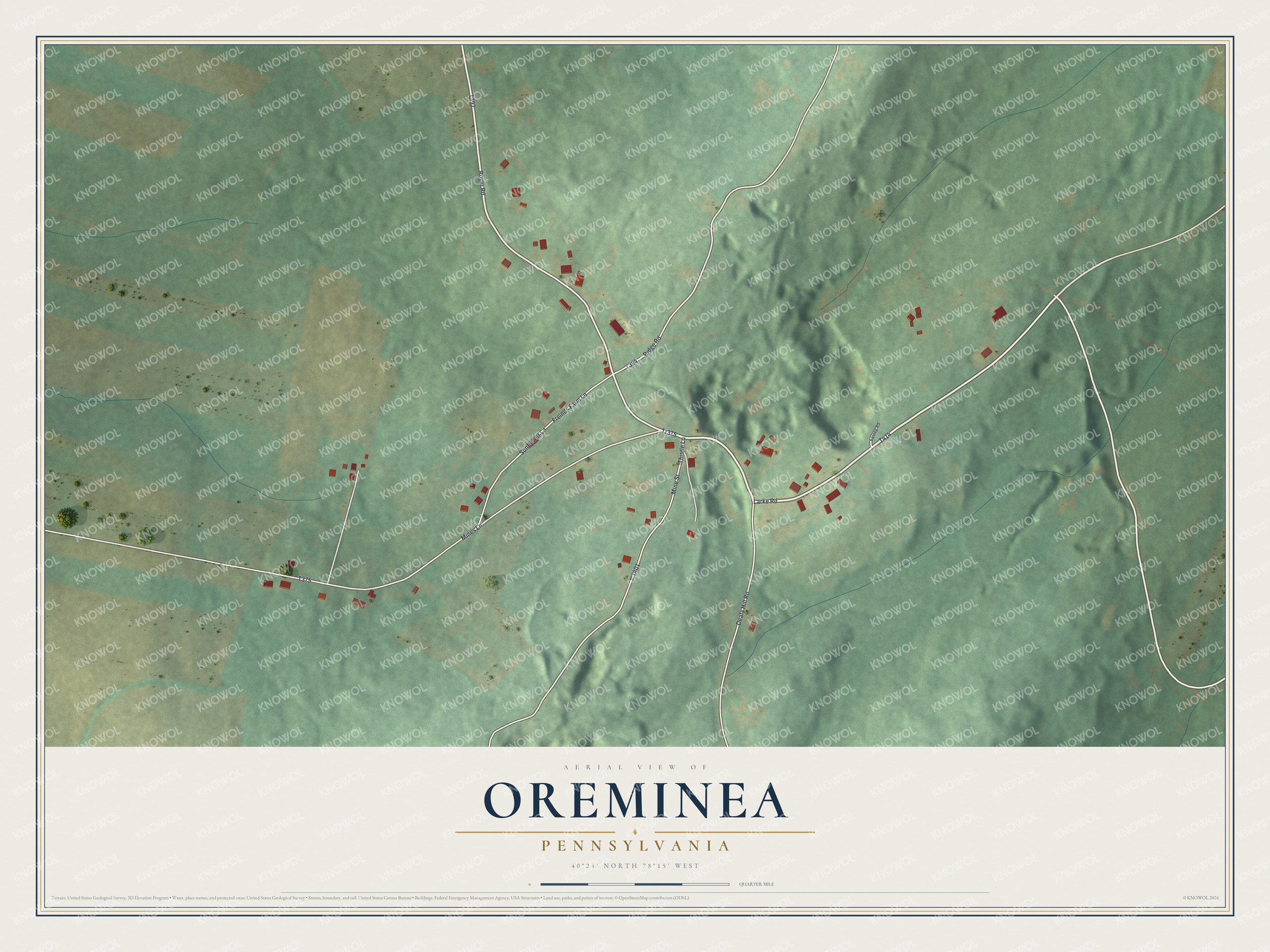 Full map of Oreminea, Pennsylvania, with red buildings, printed street names and the land around them