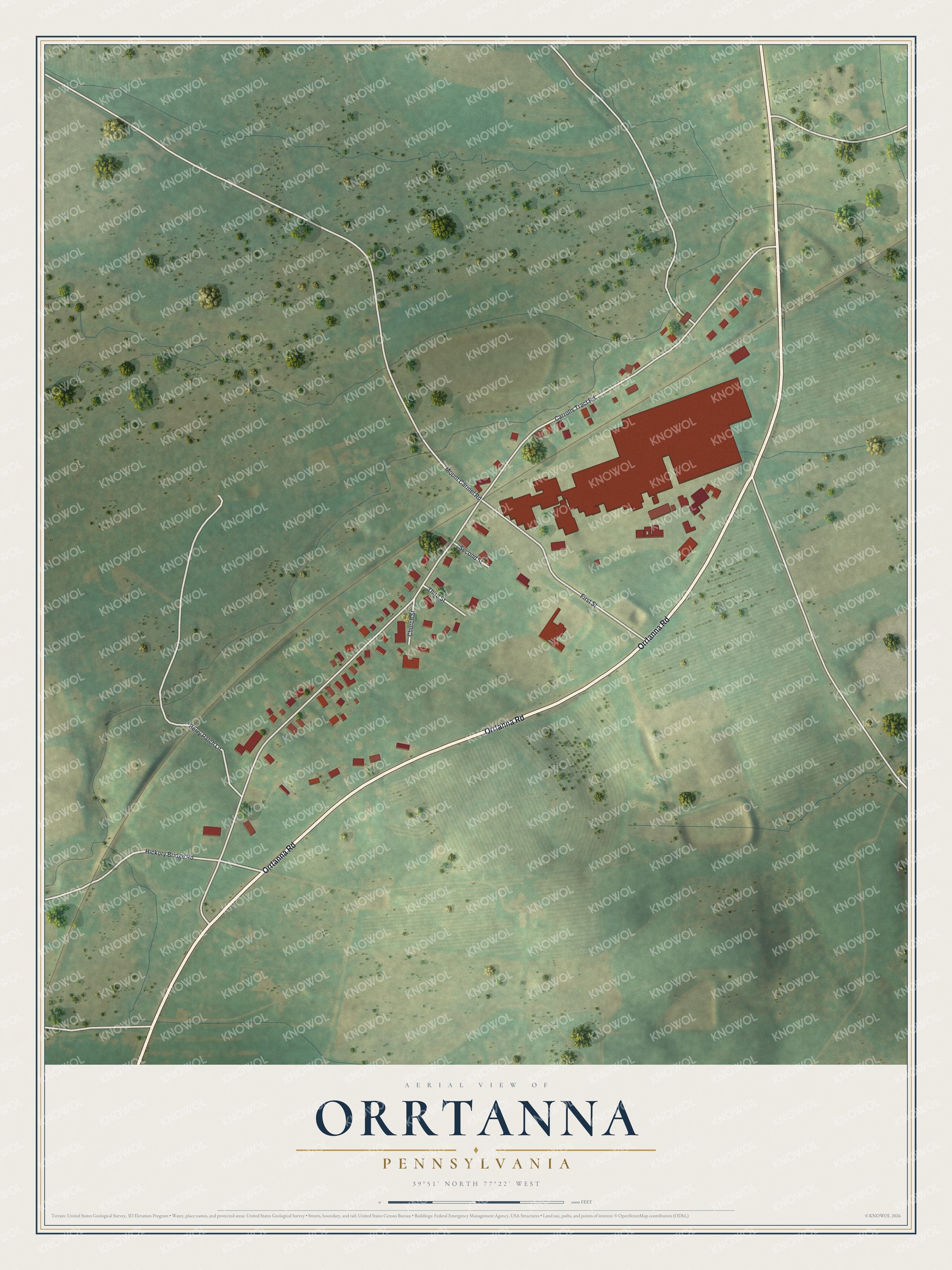 Full map of Orrtanna, Pennsylvania, with red buildings, printed street names and the land around them