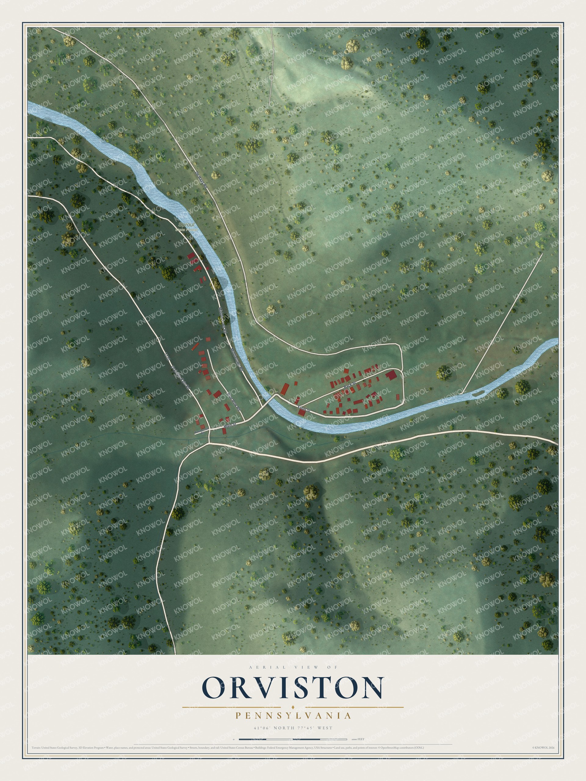Full map of Orviston, Pennsylvania, with red buildings, printed street names and the land around them
