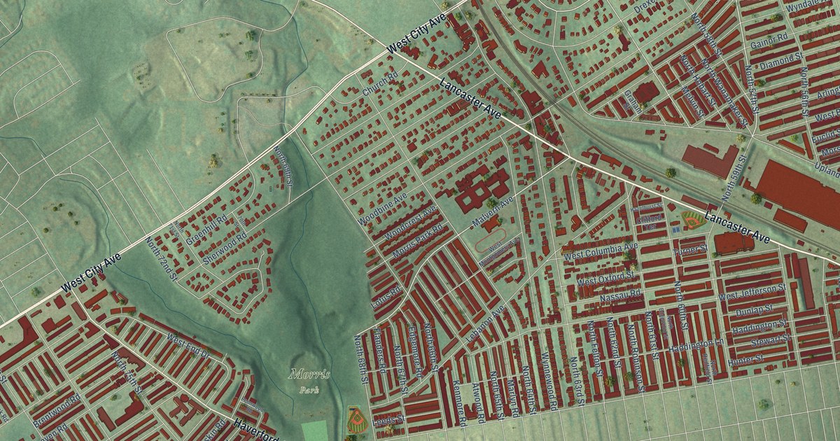 Close-up of streets and buildings in Overbrook, Philadelphia, Pennsylvania