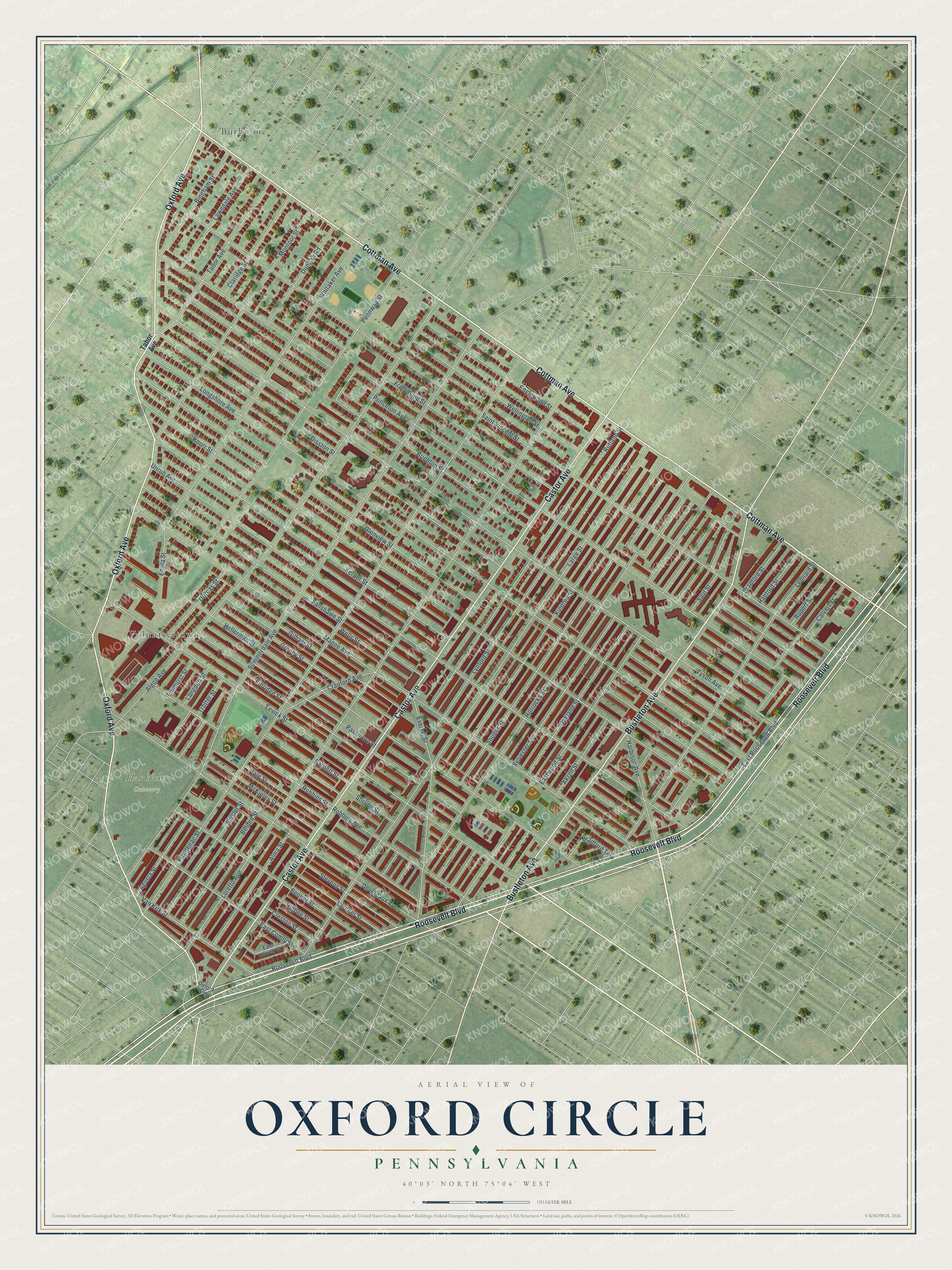 Full map of Oxford Circle, Pennsylvania, with red buildings, printed street names and the land around them