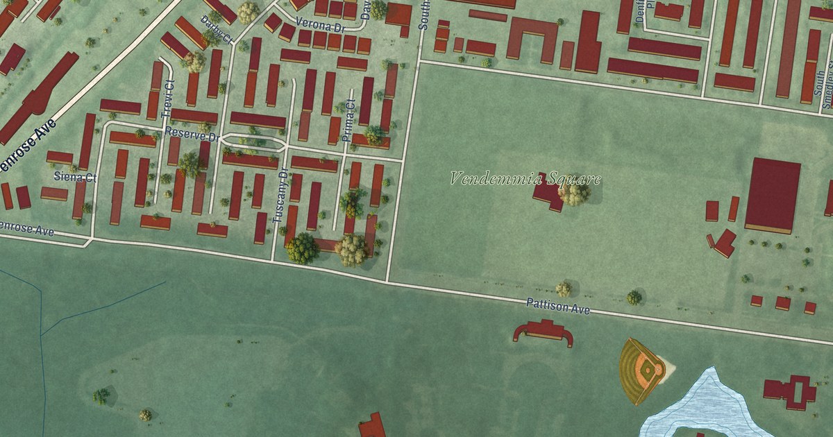 Close-up of streets and buildings in Packer Park, Pennsylvania