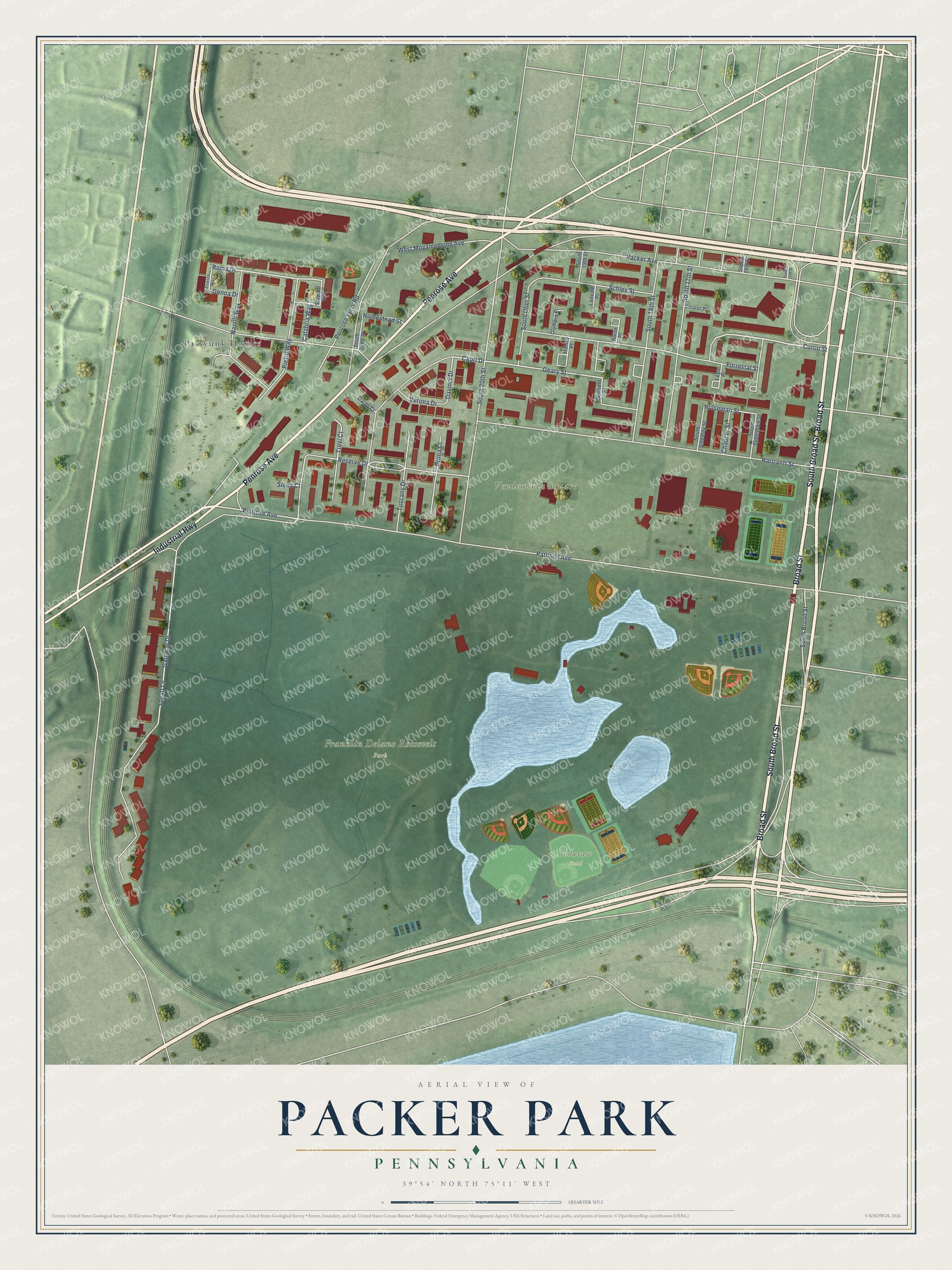 Full map of Packer Park, Pennsylvania, with red buildings, printed street names and the land around them