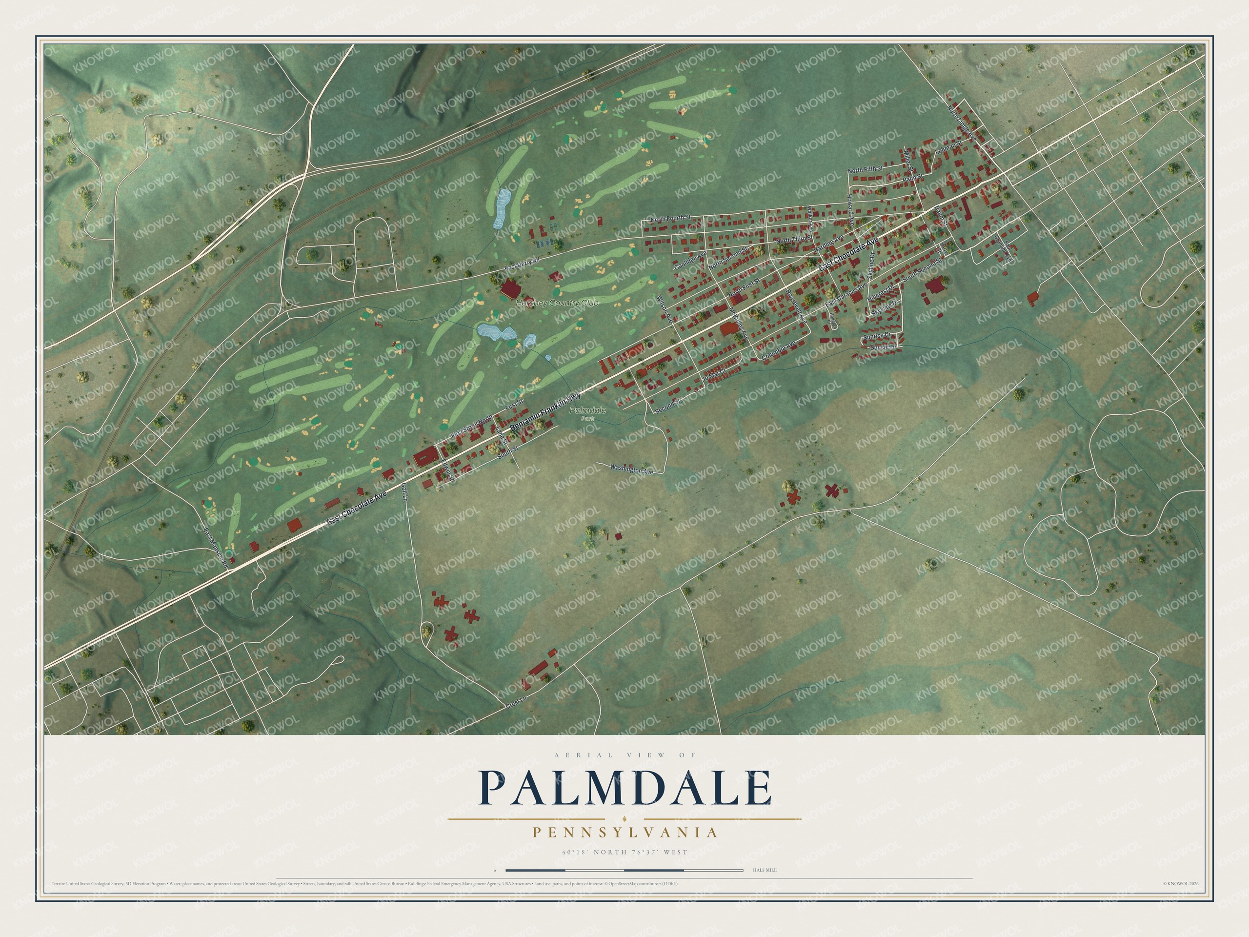 Full map of Palmdale, Pennsylvania, with red buildings, printed street names and the land around them