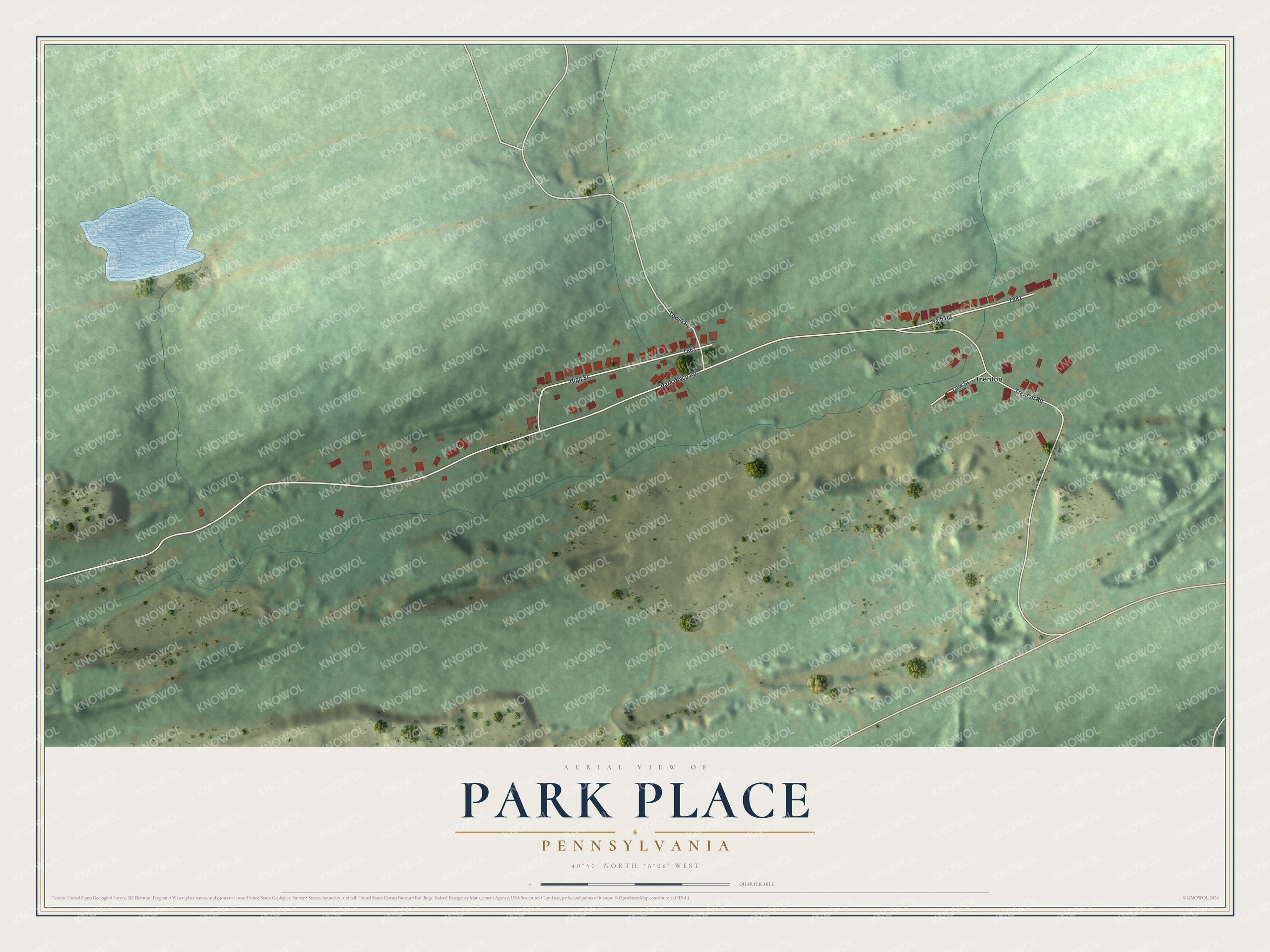 Full map of Park Place, Pennsylvania, with red buildings, printed street names and the land around them