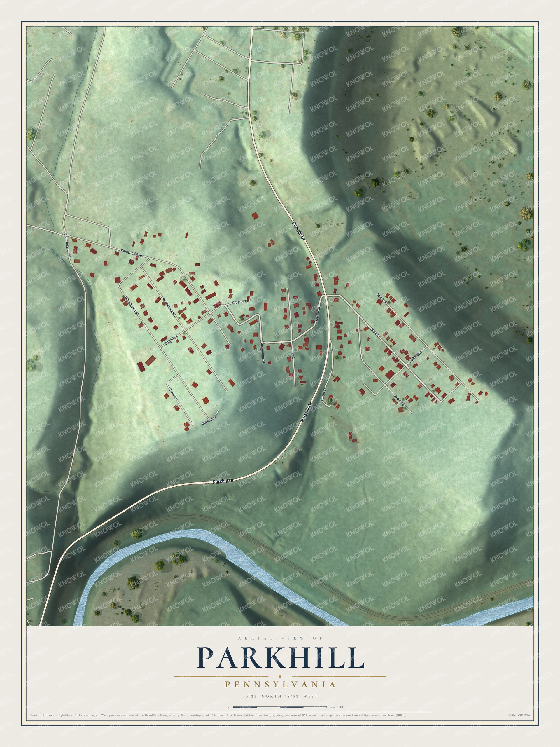 Full map of Parkhill, Pennsylvania, with red buildings, printed street names and the land around them