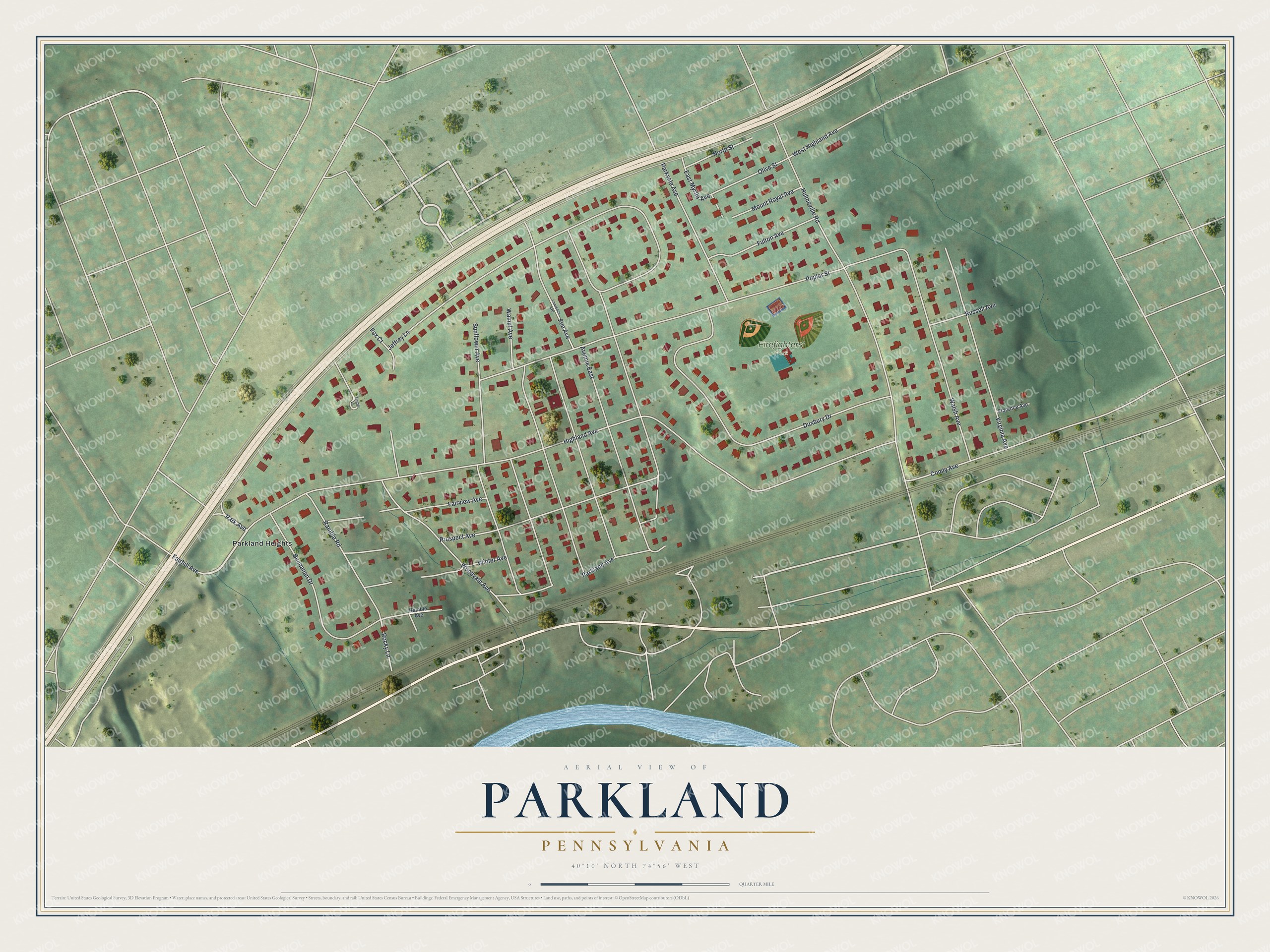 Full map of Parkland, Pennsylvania, with red buildings, printed street names and the land around them