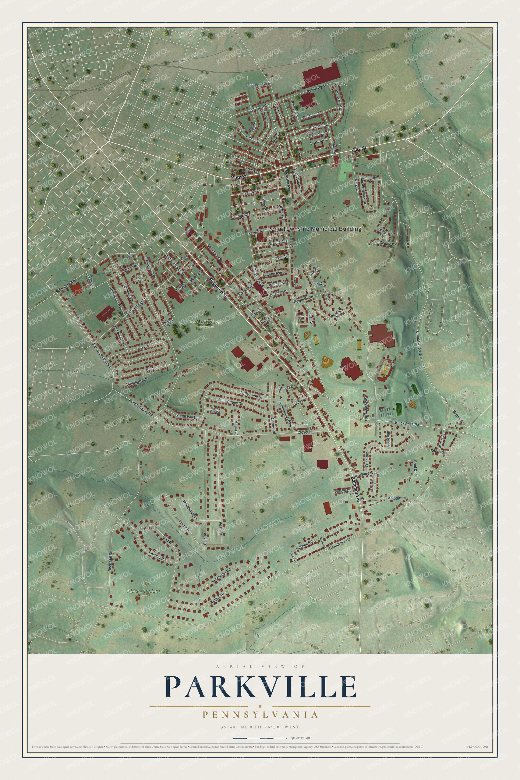 Full map of Parkville, Pennsylvania, with red buildings, printed street names and the land around them