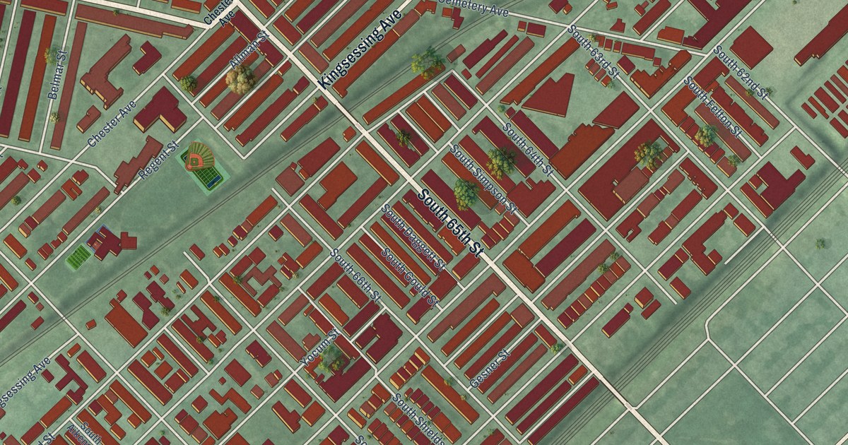 Close-up of streets and buildings in Paschall, Pennsylvania