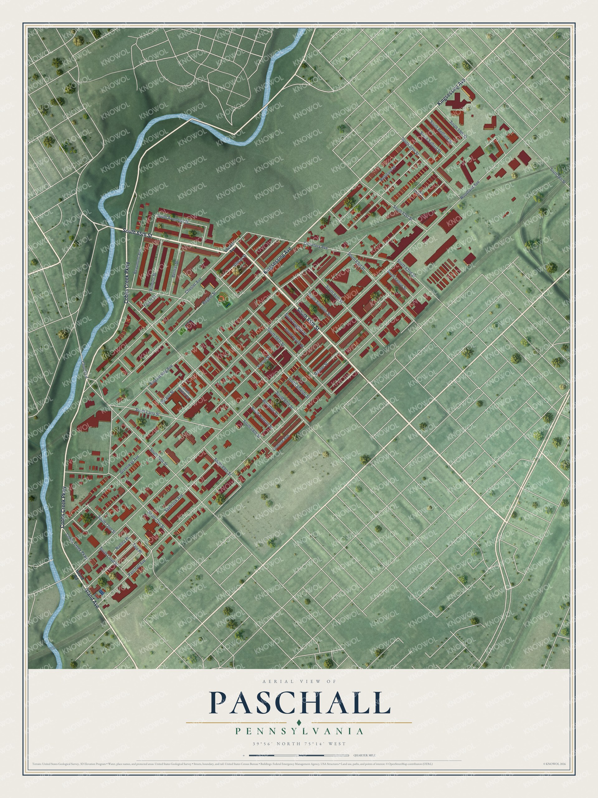 Full map of Paschall, Pennsylvania, with red buildings, printed street names and the land around them