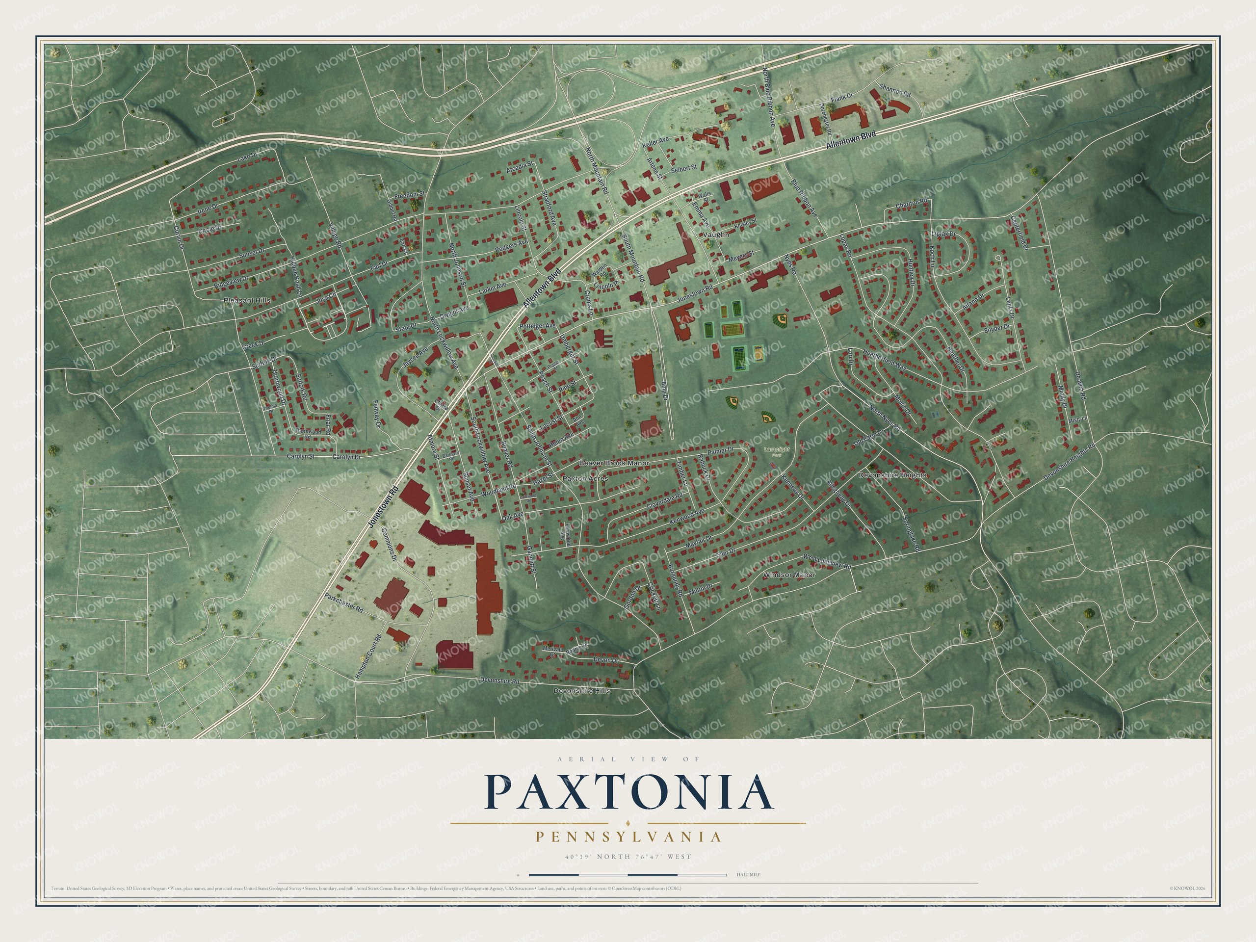 Full map of Paxtonia, Pennsylvania, with red buildings, printed street names and the land around them