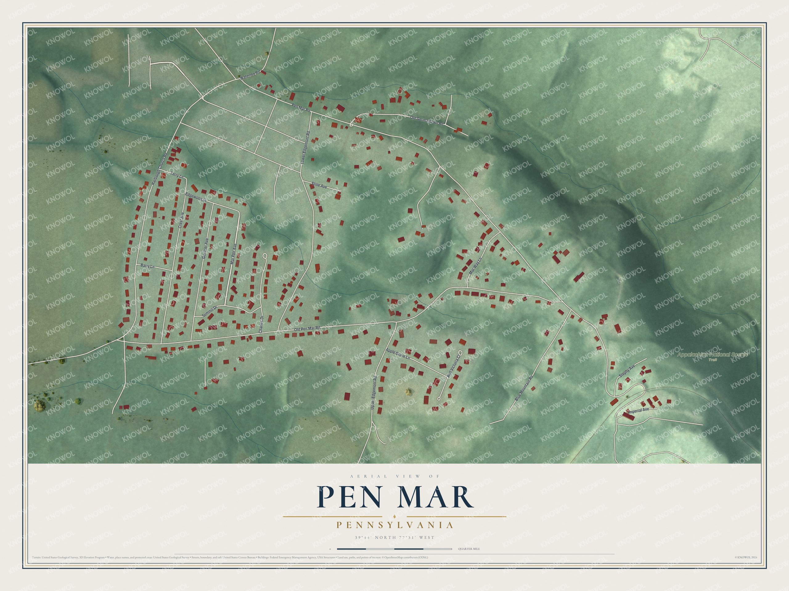Full map of Pen Mar, Pennsylvania, with red buildings, printed street names and the land around them