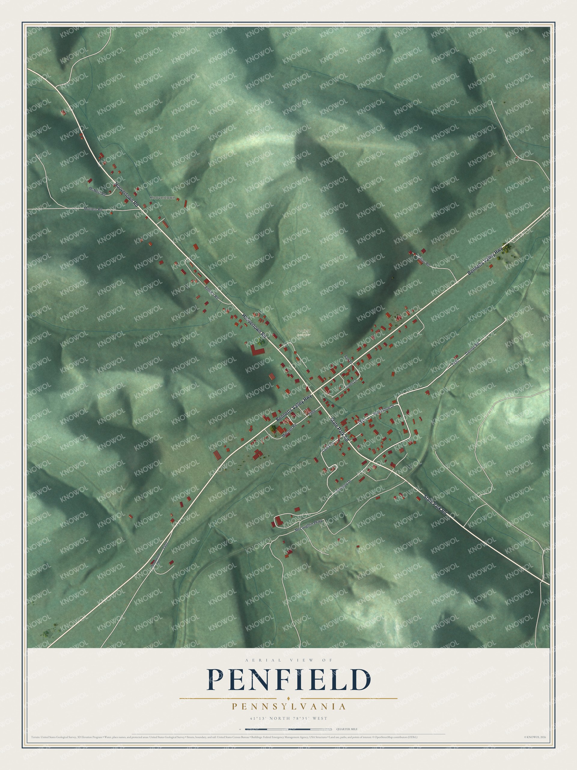 Full map of Penfield, Pennsylvania, with red buildings, printed street names and the land around them