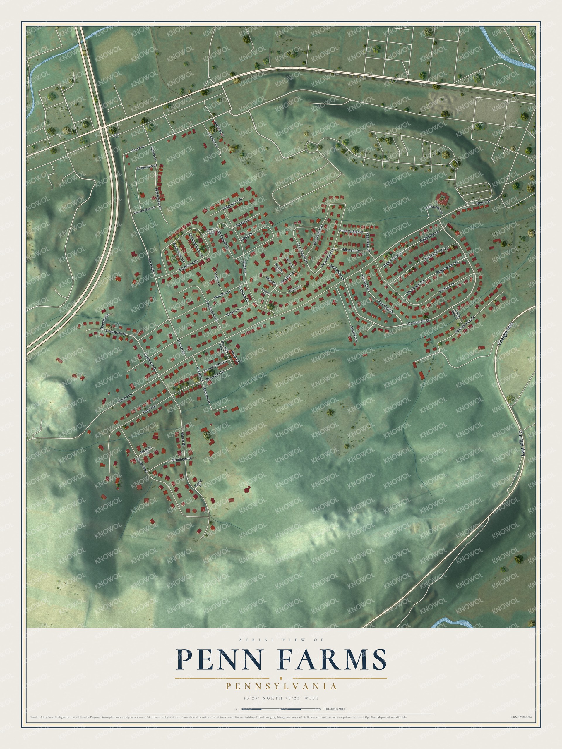 Full map of Penn Farms, Pennsylvania, with red buildings, printed street names and the land around them