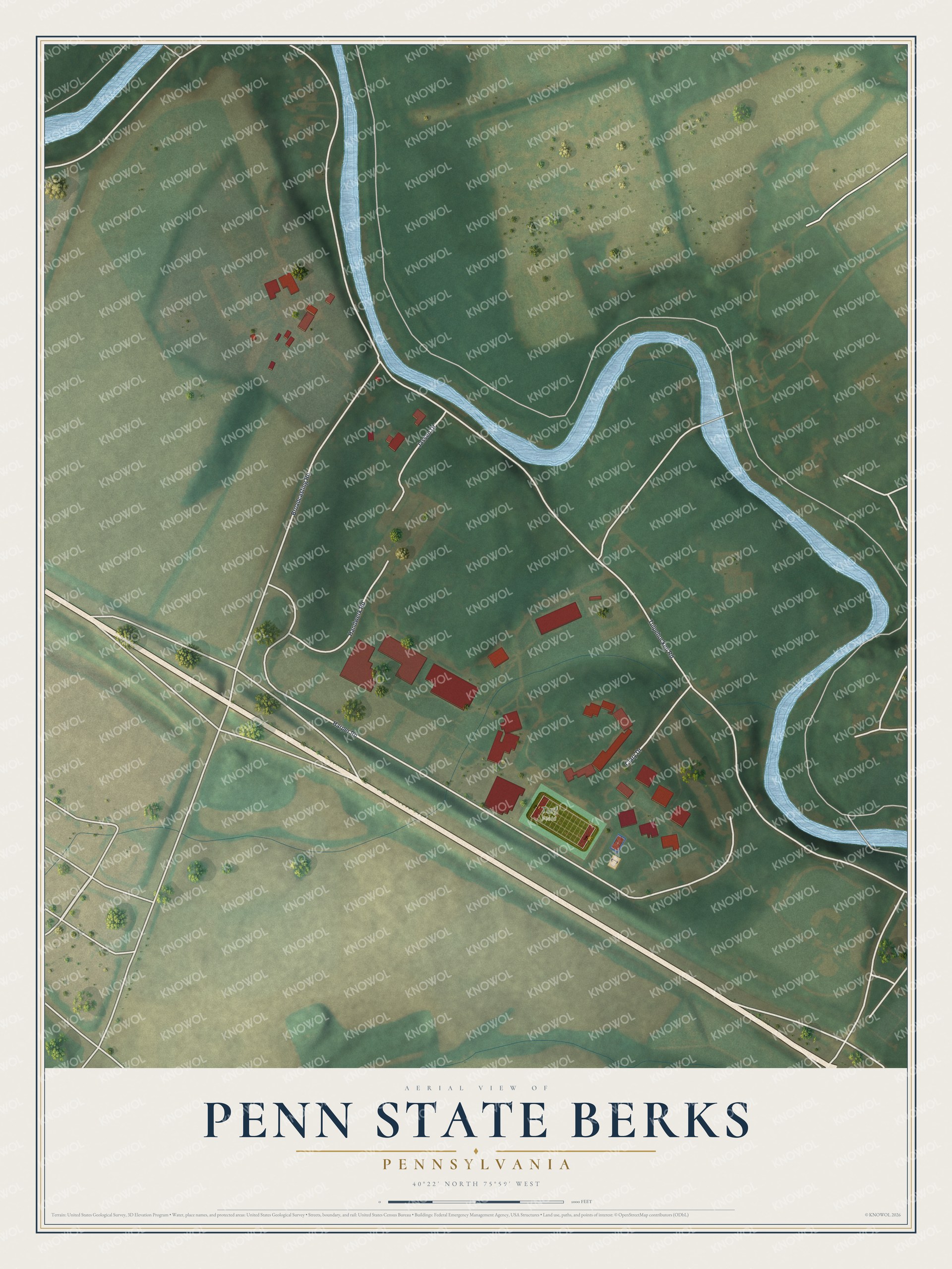 Full map of Penn State Berks, Pennsylvania, with red buildings, printed street names and the land around them