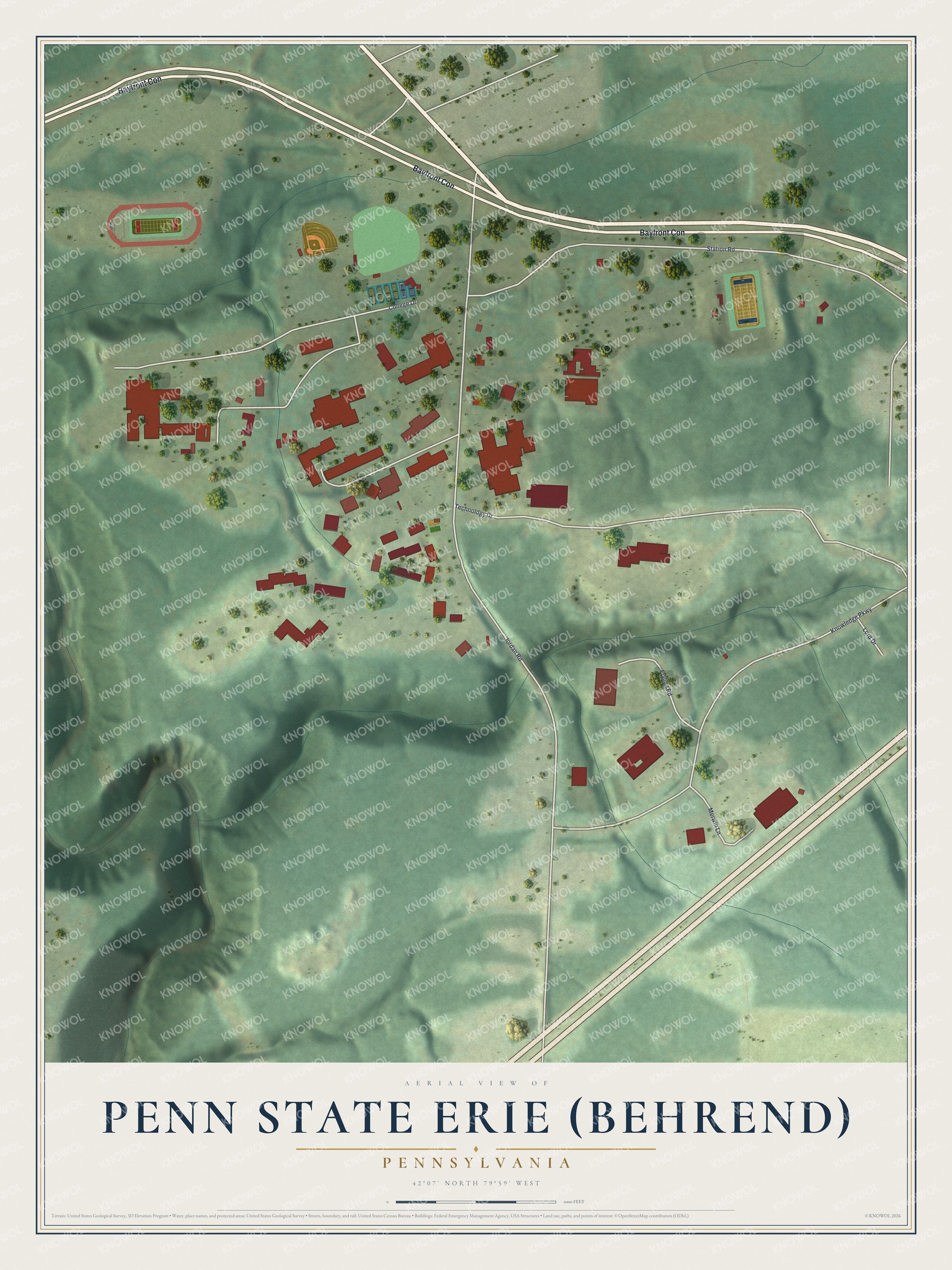 Full map of Penn State Erie (Behrend), Pennsylvania, with red buildings, printed street names and the land around them