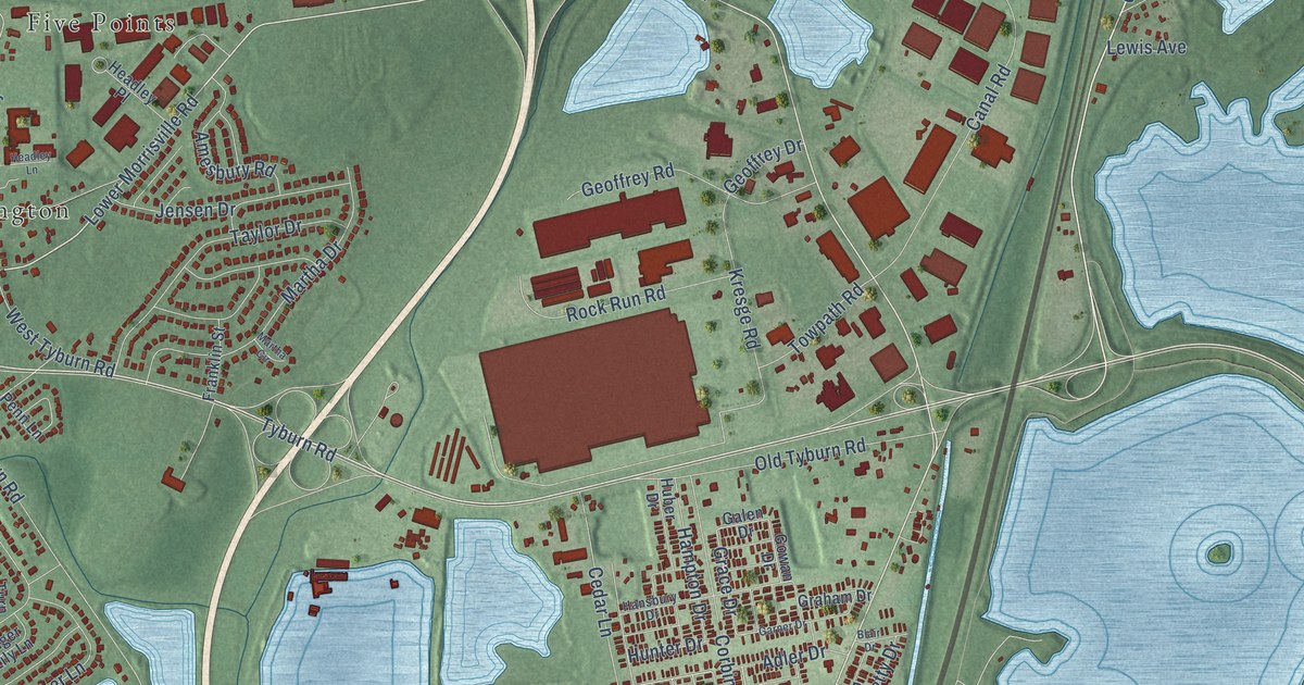 Close-up of streets and buildings in Penn Valley, Pennsylvania
