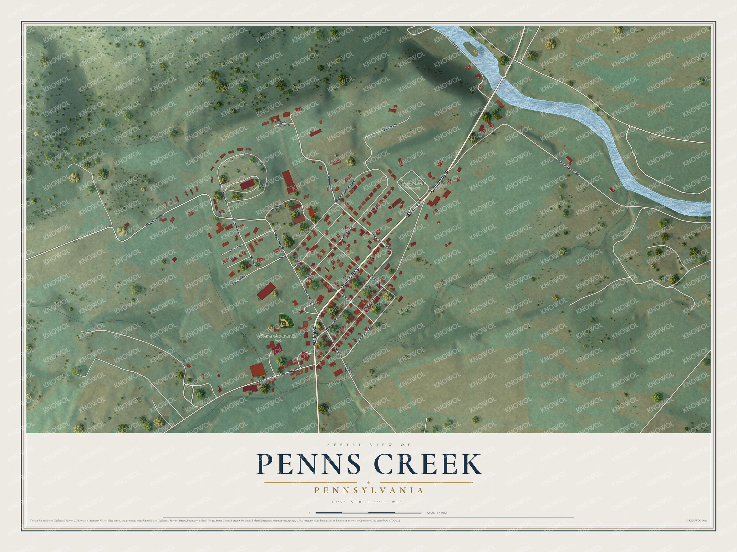 Full map of Penns Creek, Pennsylvania, with red buildings, printed street names and the land around them