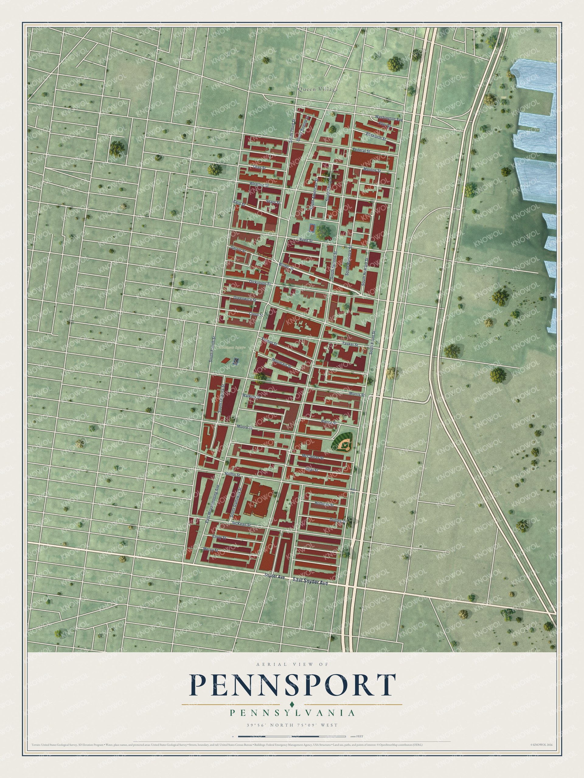 Full map of Pennsport, Pennsylvania, with red buildings, printed street names and the land around them