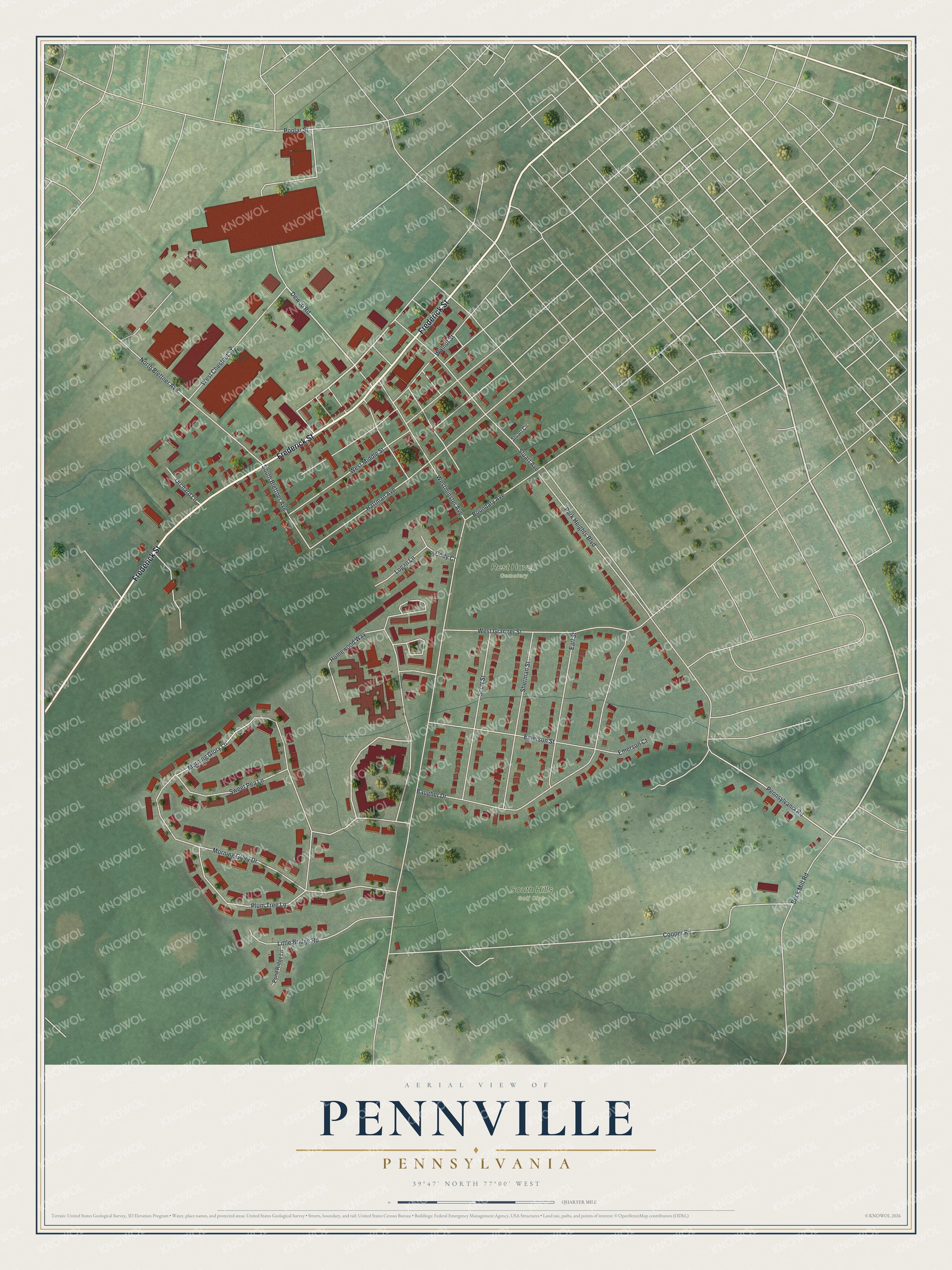 Full map of Pennville, Pennsylvania, with red buildings, printed street names and the land around them