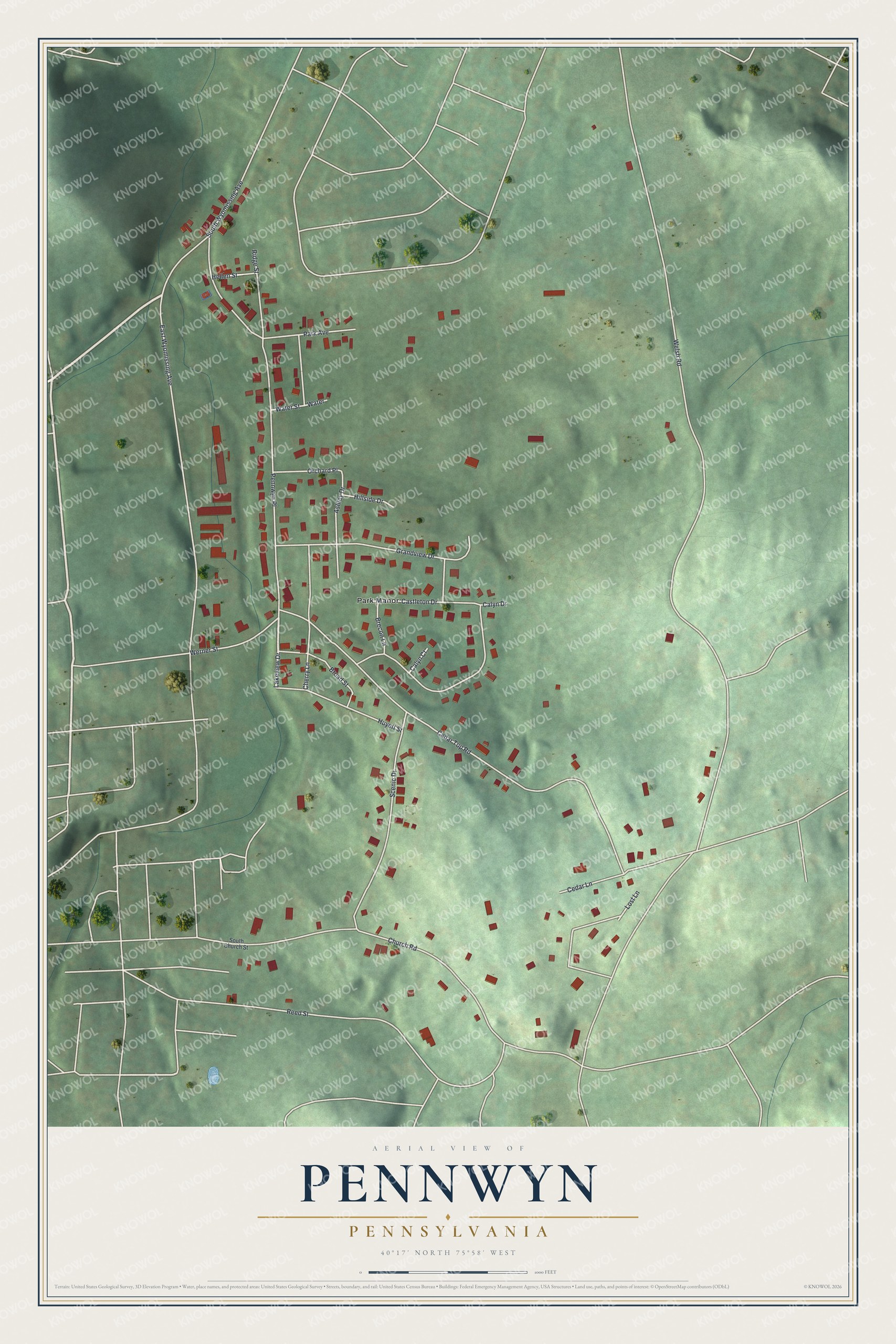 Full map of Pennwyn, Pennsylvania, with red buildings, printed street names and the land around them