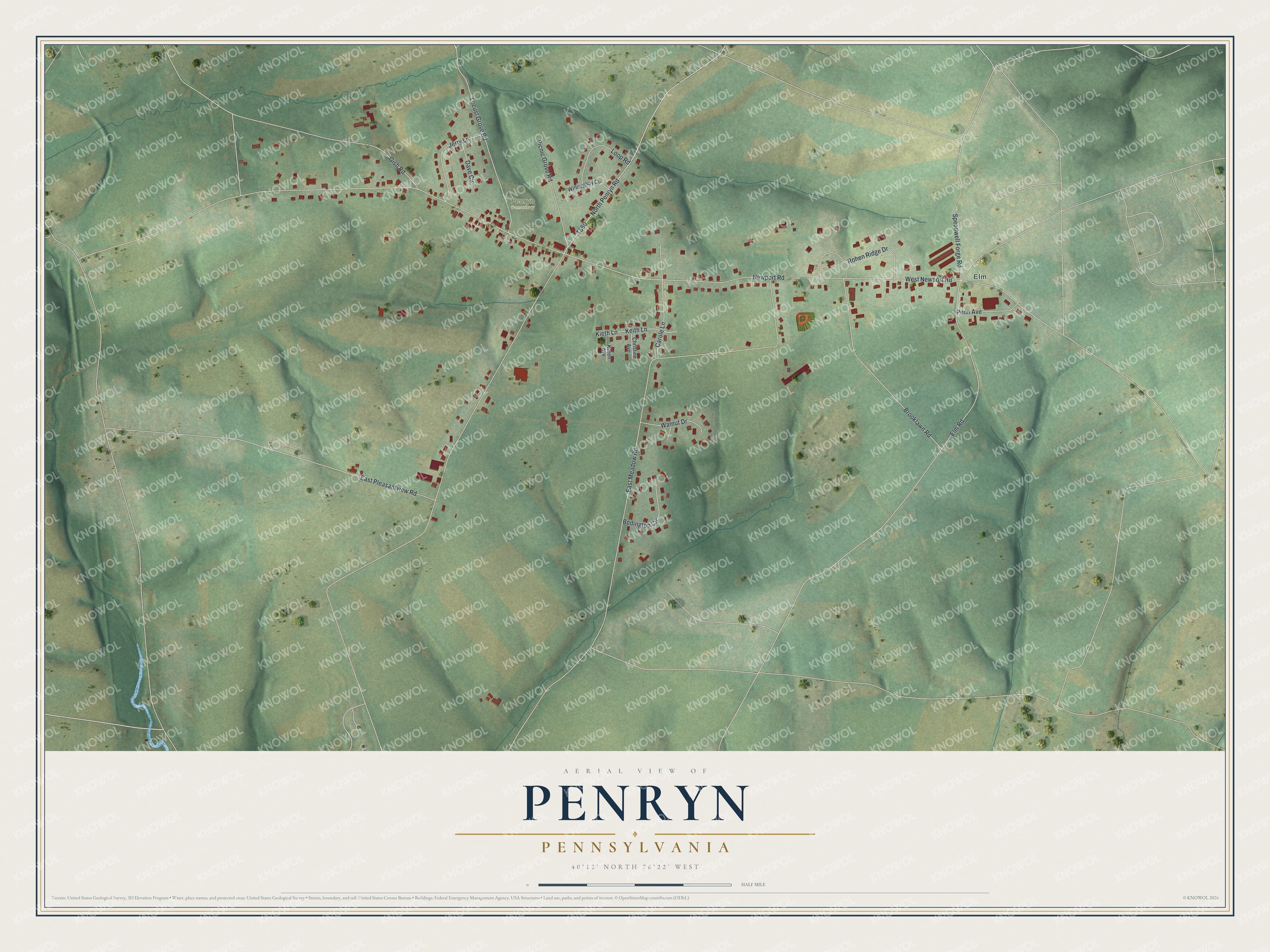 Full map of Penryn, Pennsylvania, with red buildings, printed street names and the land around them