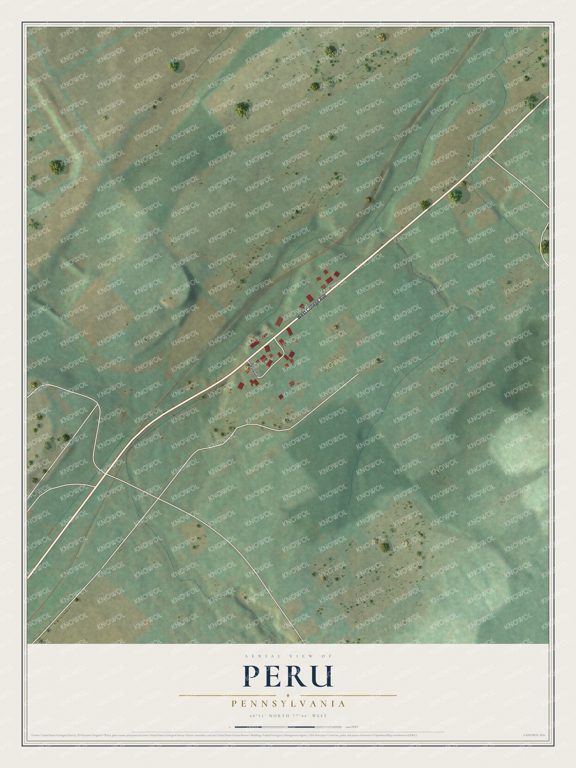 Full map of Peru, Pennsylvania, with red buildings, printed street names and the land around them