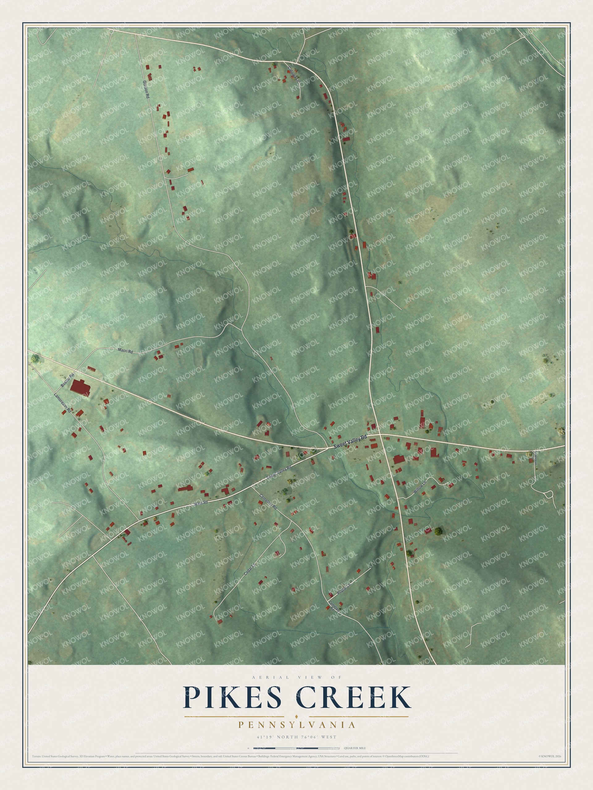 Full map of Pikes Creek, Pennsylvania, with red buildings, printed street names and the land around them