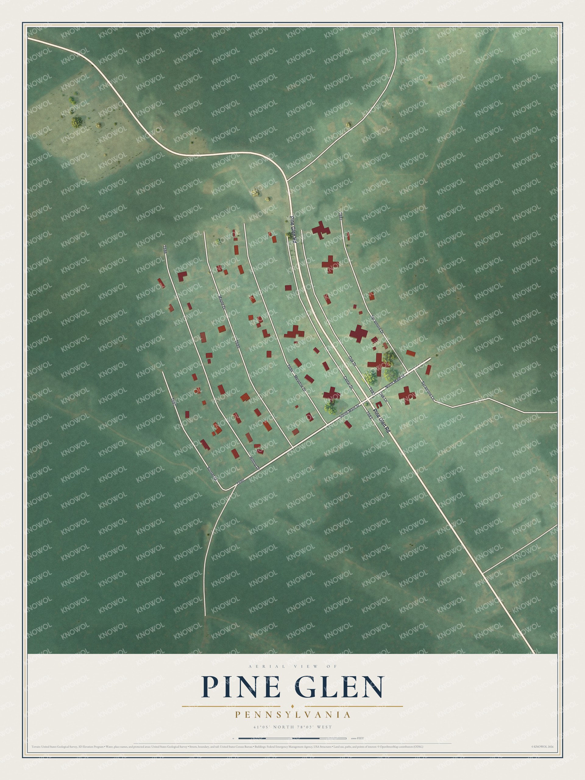 Full map of Pine Glen, Pennsylvania, with red buildings, printed street names and the land around them