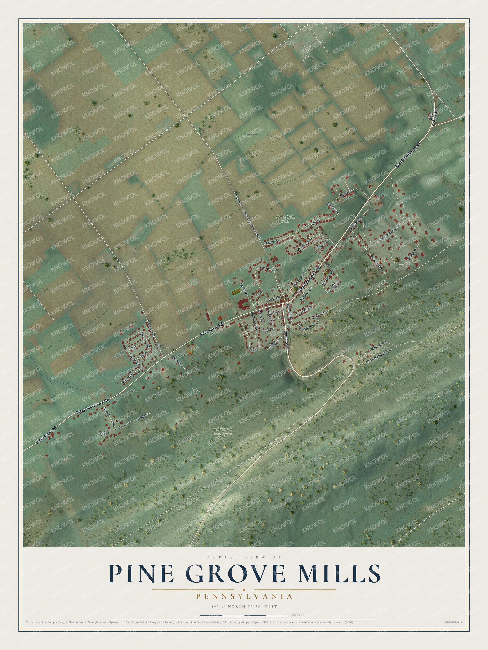 Full map of Pine Grove Mills, Pennsylvania, with red buildings, printed street names and the land around them