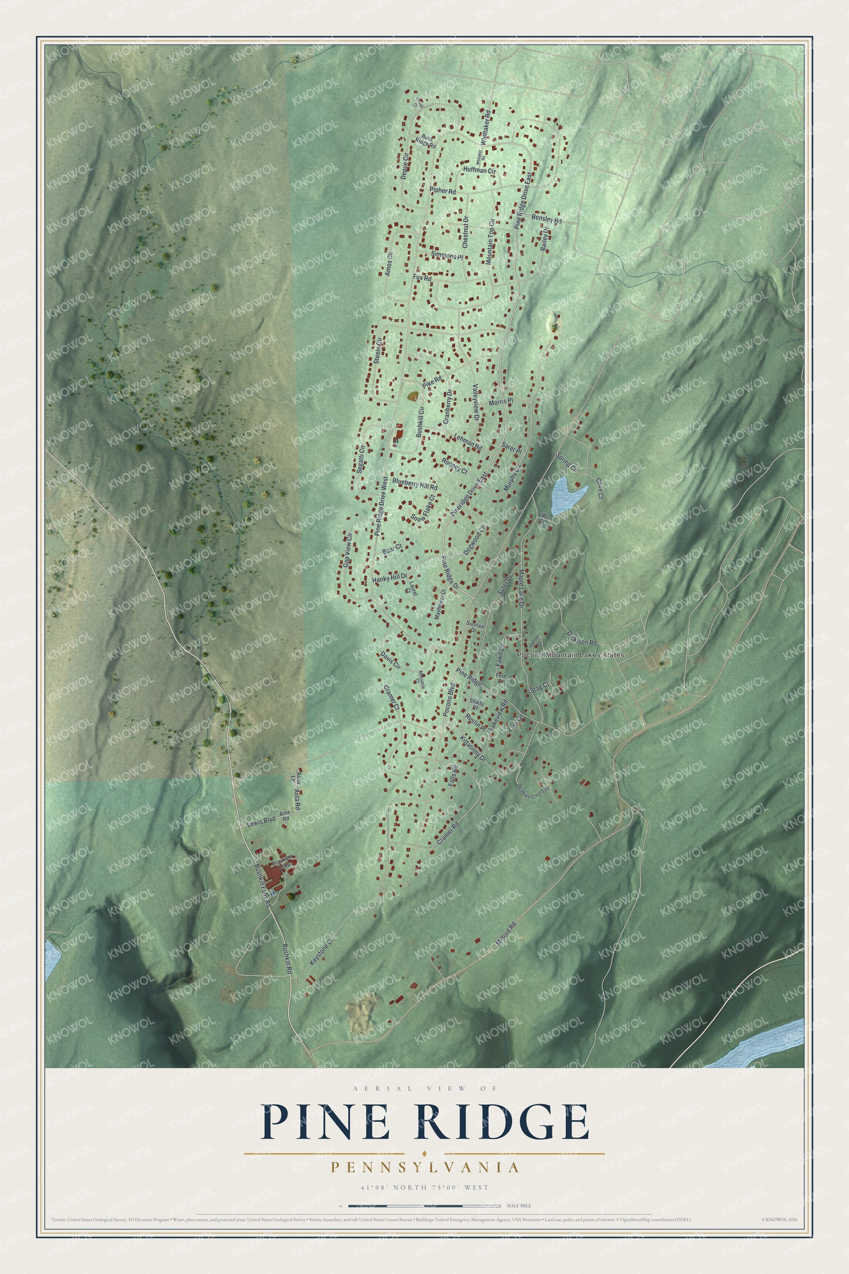Full map of Pine Ridge, Pennsylvania, with red buildings, printed street names and the land around them