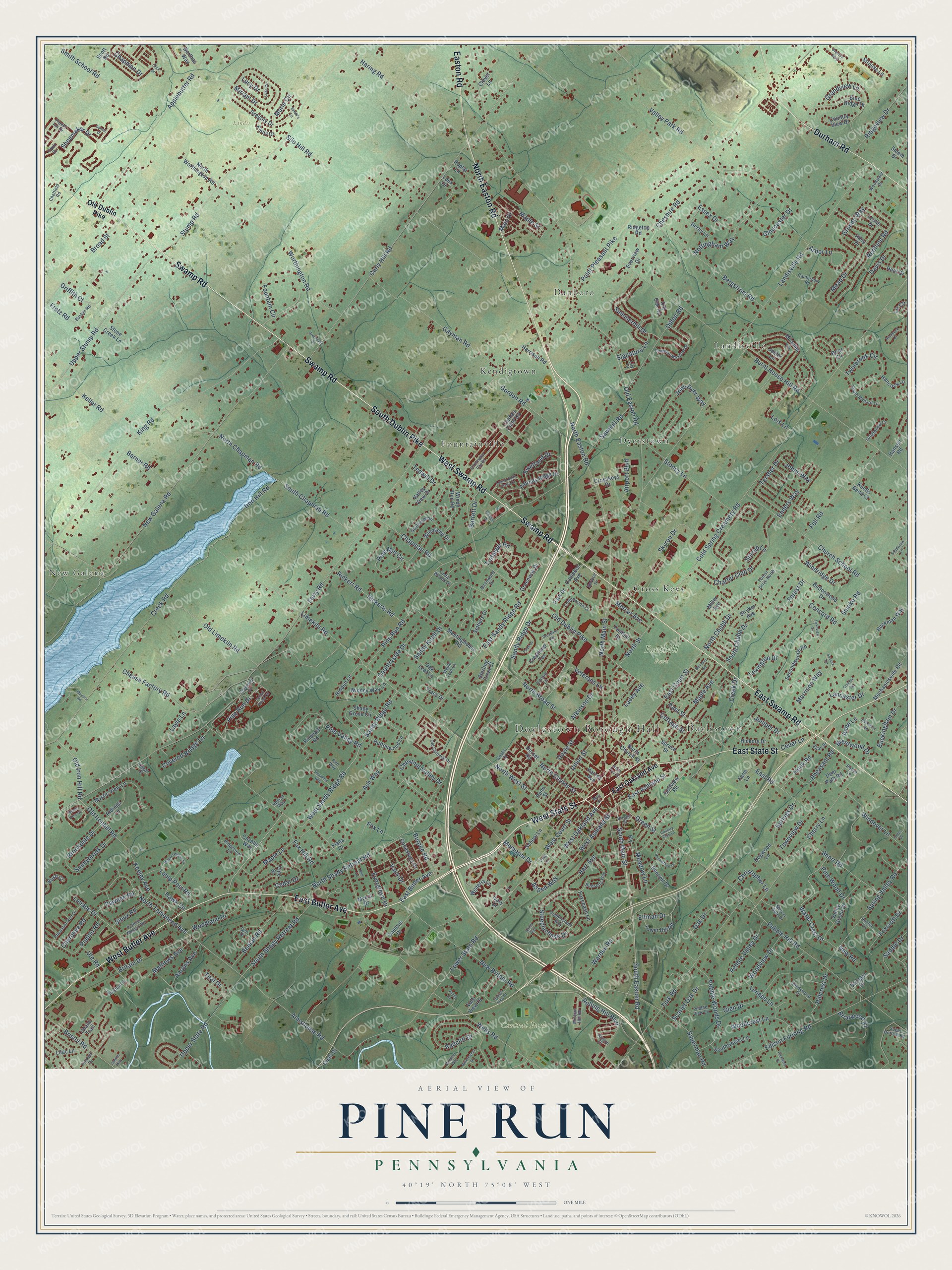 Full map of Pine Run, Pennsylvania, with red buildings, printed street names and the land around them