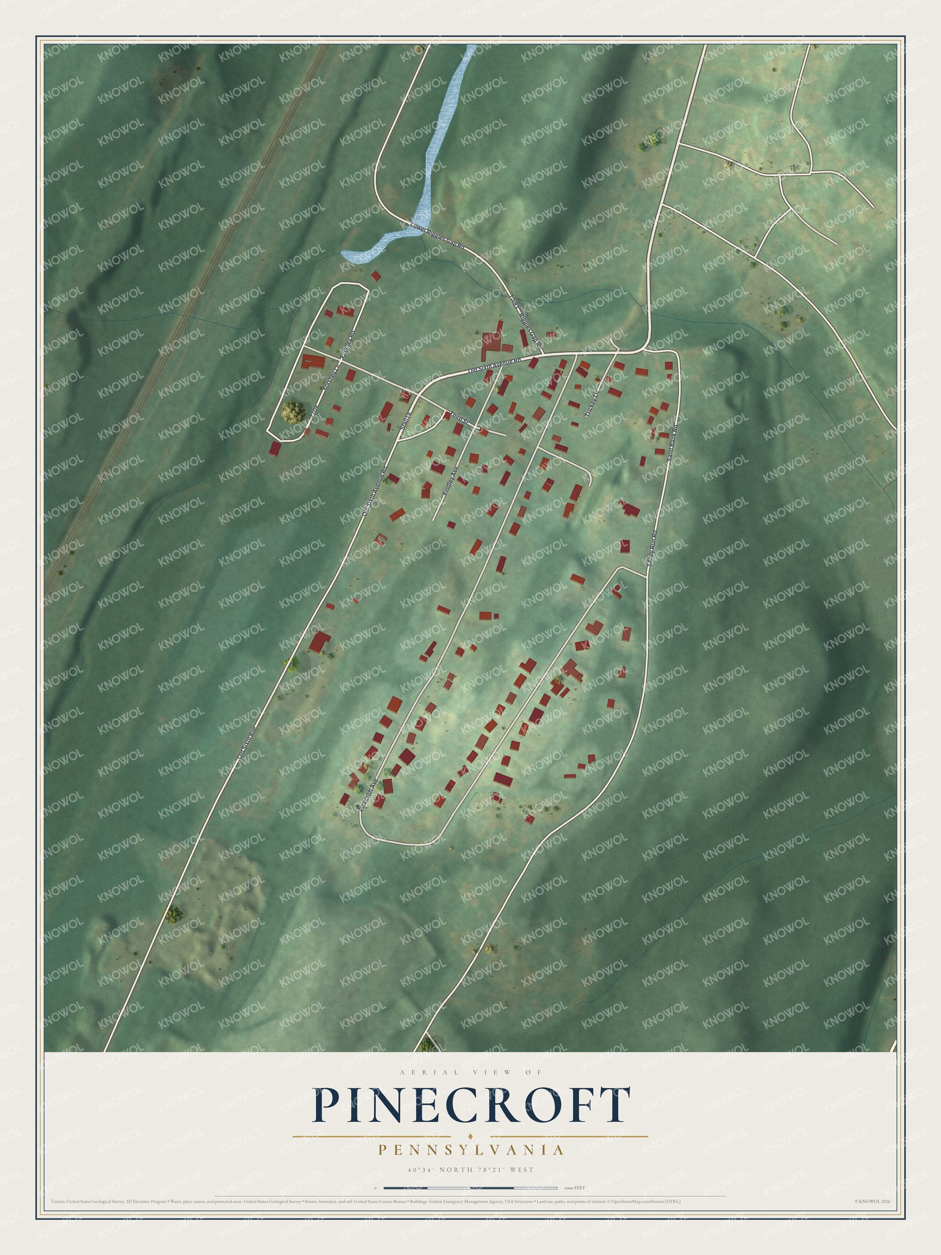 Full map of Pinecroft, Pennsylvania, with red buildings, printed street names and the land around them