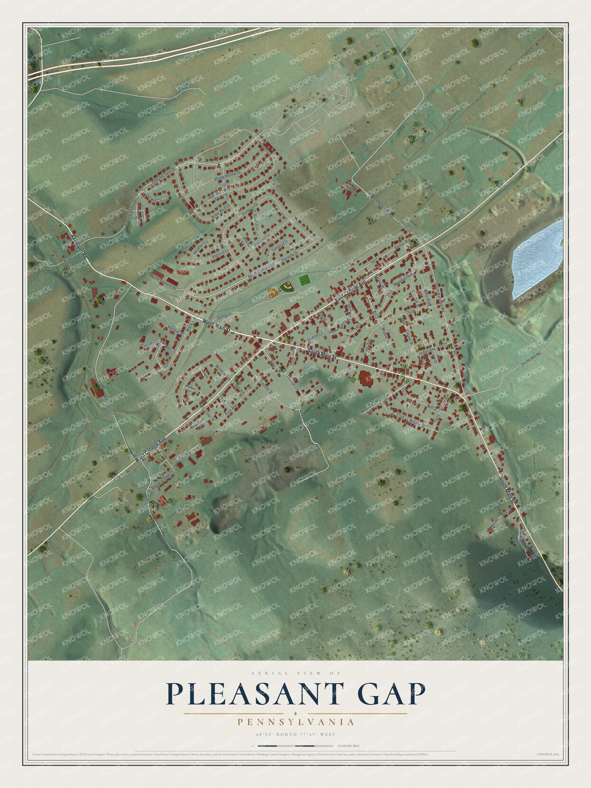 Full map of Pleasant Gap, Pennsylvania, with red buildings, printed street names and the land around them