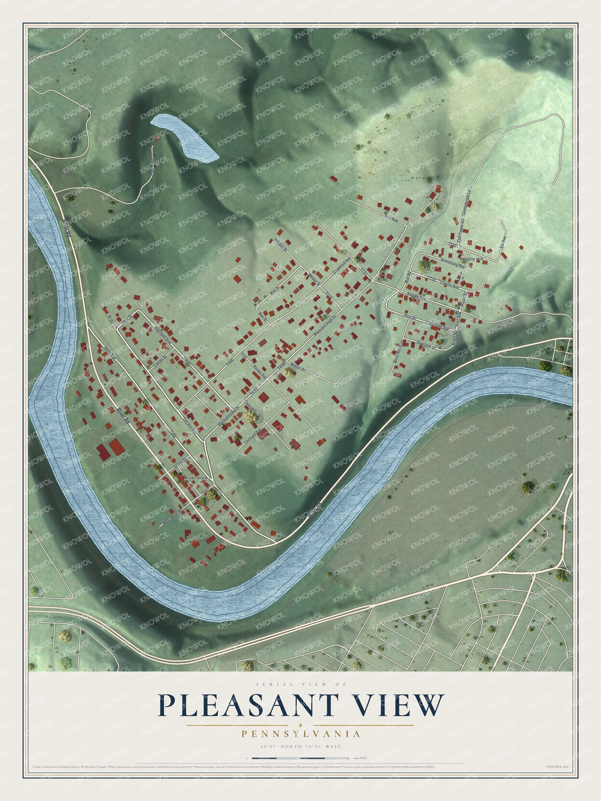 Full map of Pleasant View, Pennsylvania, with red buildings, printed street names and the land around them