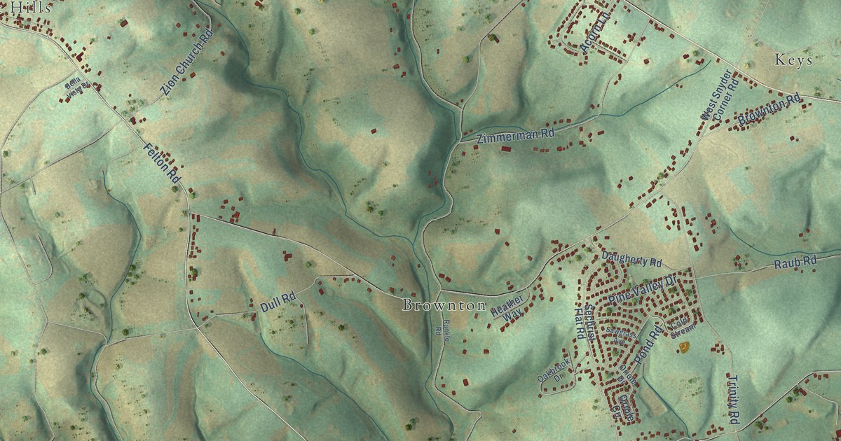 Close-up of streets and buildings in Pleasant View, York County, Pennsylvania