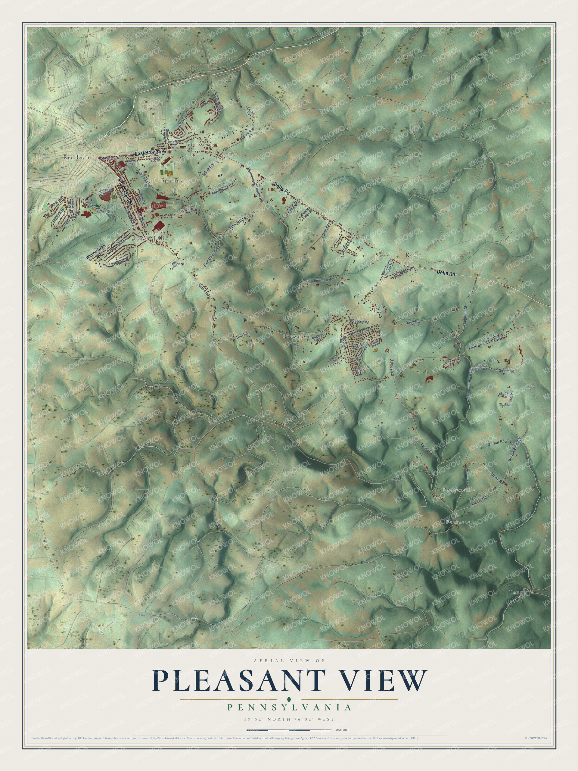 Full map of Pleasant View, Pennsylvania, with red buildings, printed street names and the land around them