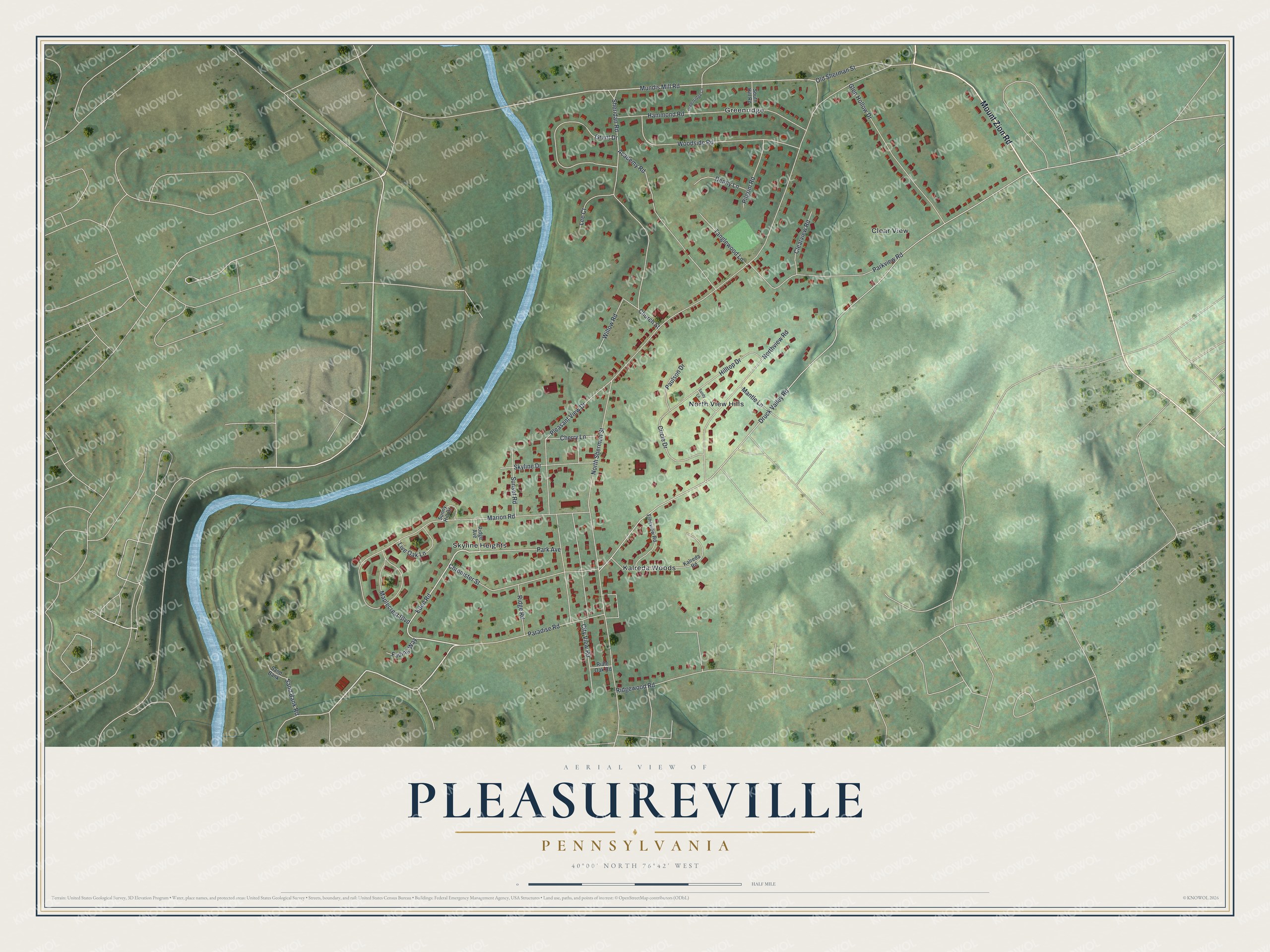Full map of Pleasureville, Pennsylvania, with red buildings, printed street names and the land around them