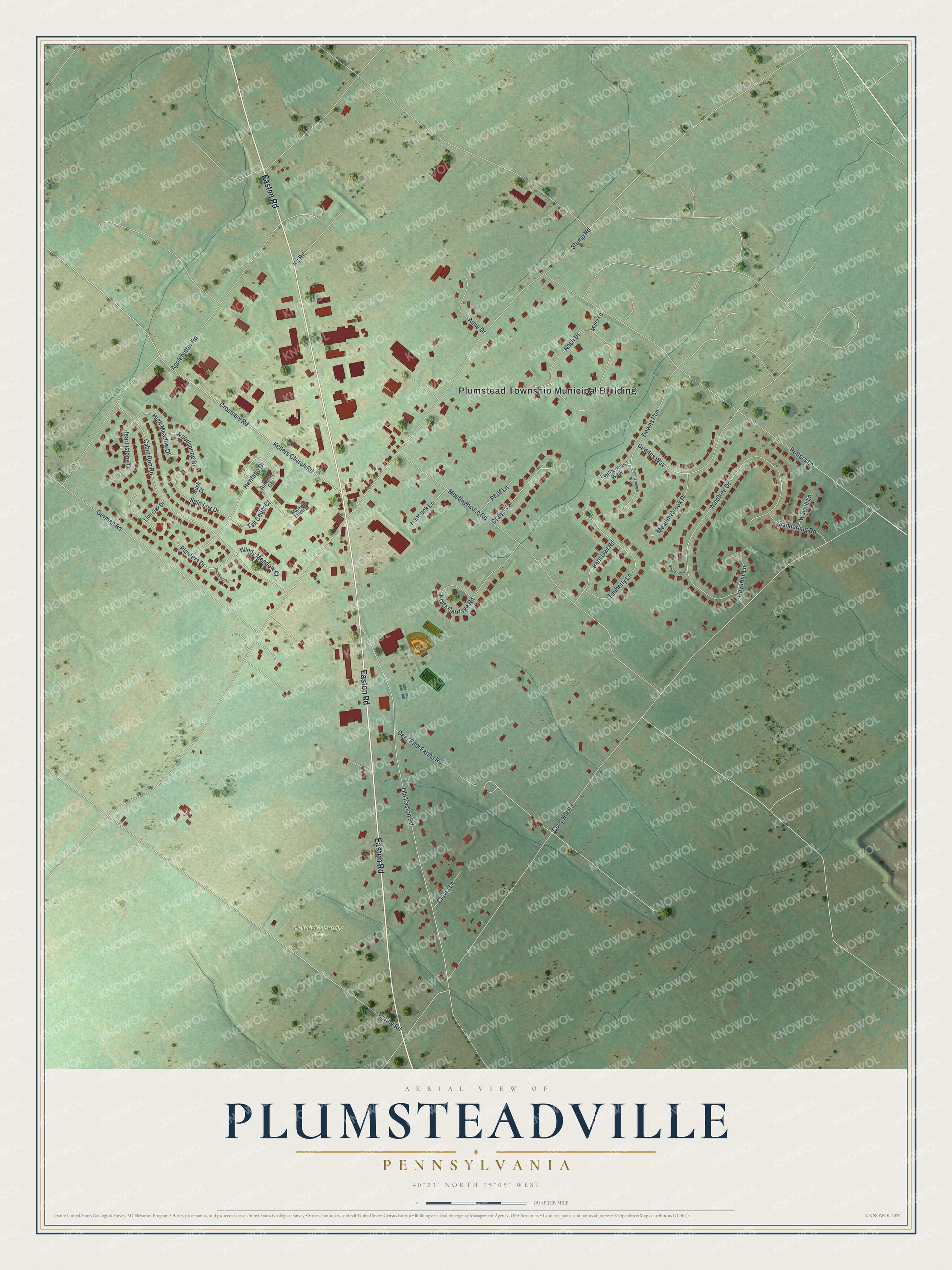 Full map of Plumsteadville, Pennsylvania, with red buildings, printed street names and the land around them
