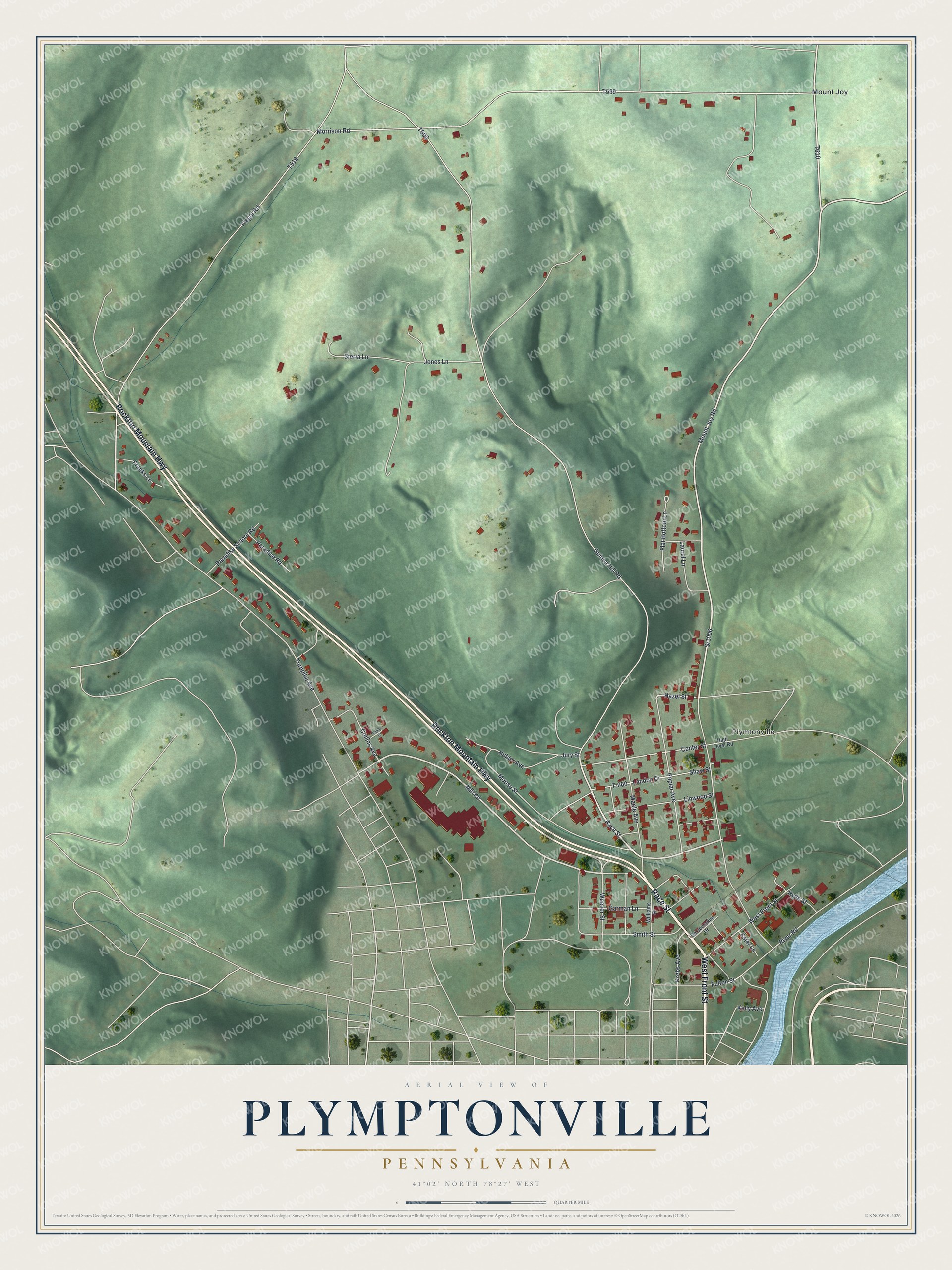 Full map of Plymptonville, Pennsylvania, with red buildings, printed street names and the land around them