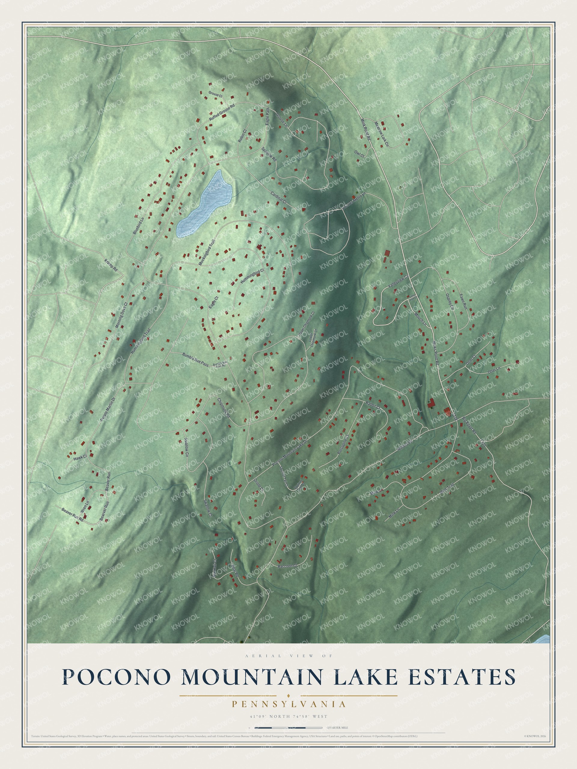 Full map of Pocono Mountain Lake Estates, Pennsylvania, with red buildings, printed street names and the land around them