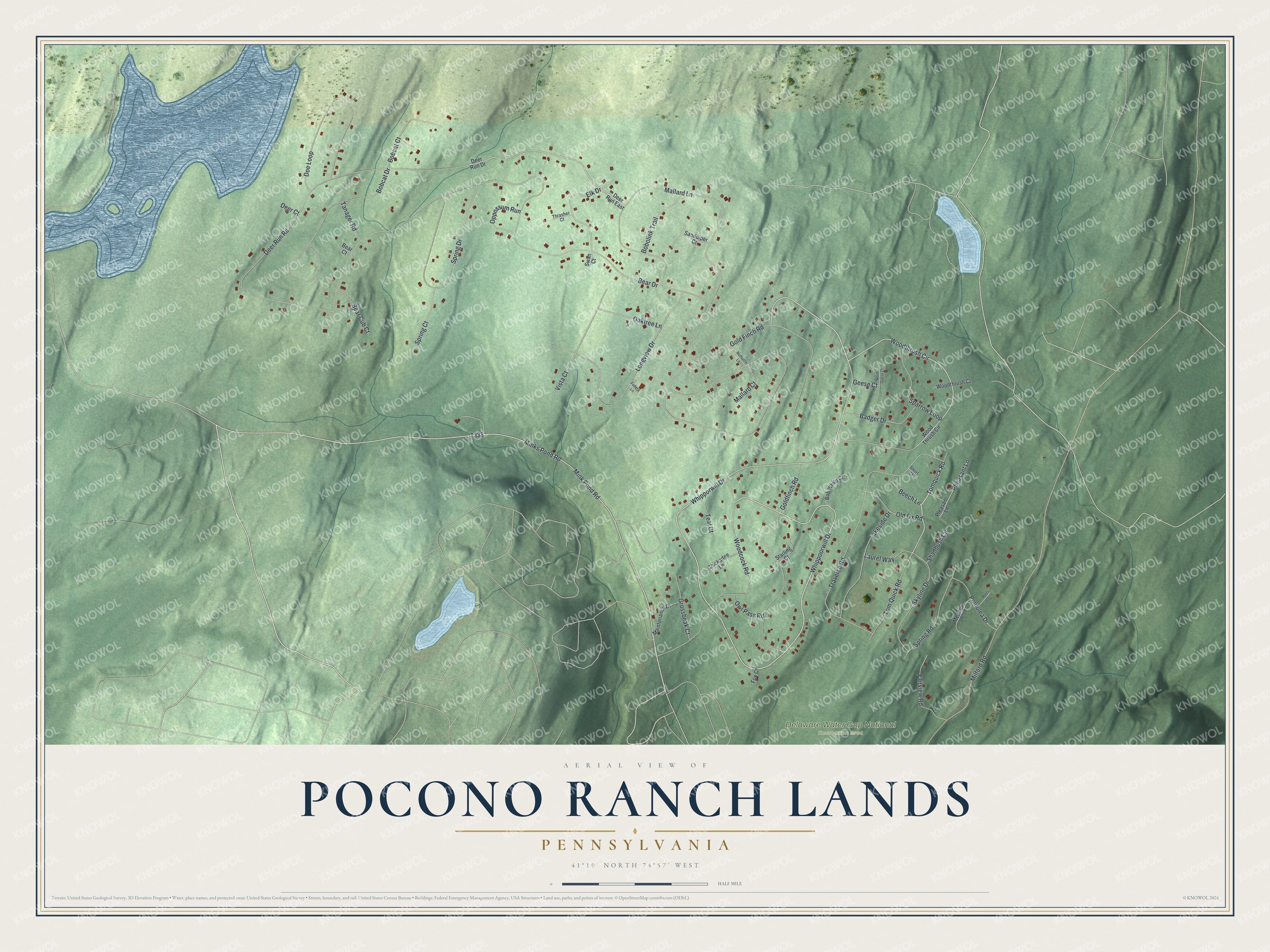 Full map of Pocono Ranch Lands, Pennsylvania, with red buildings, printed street names and the land around them