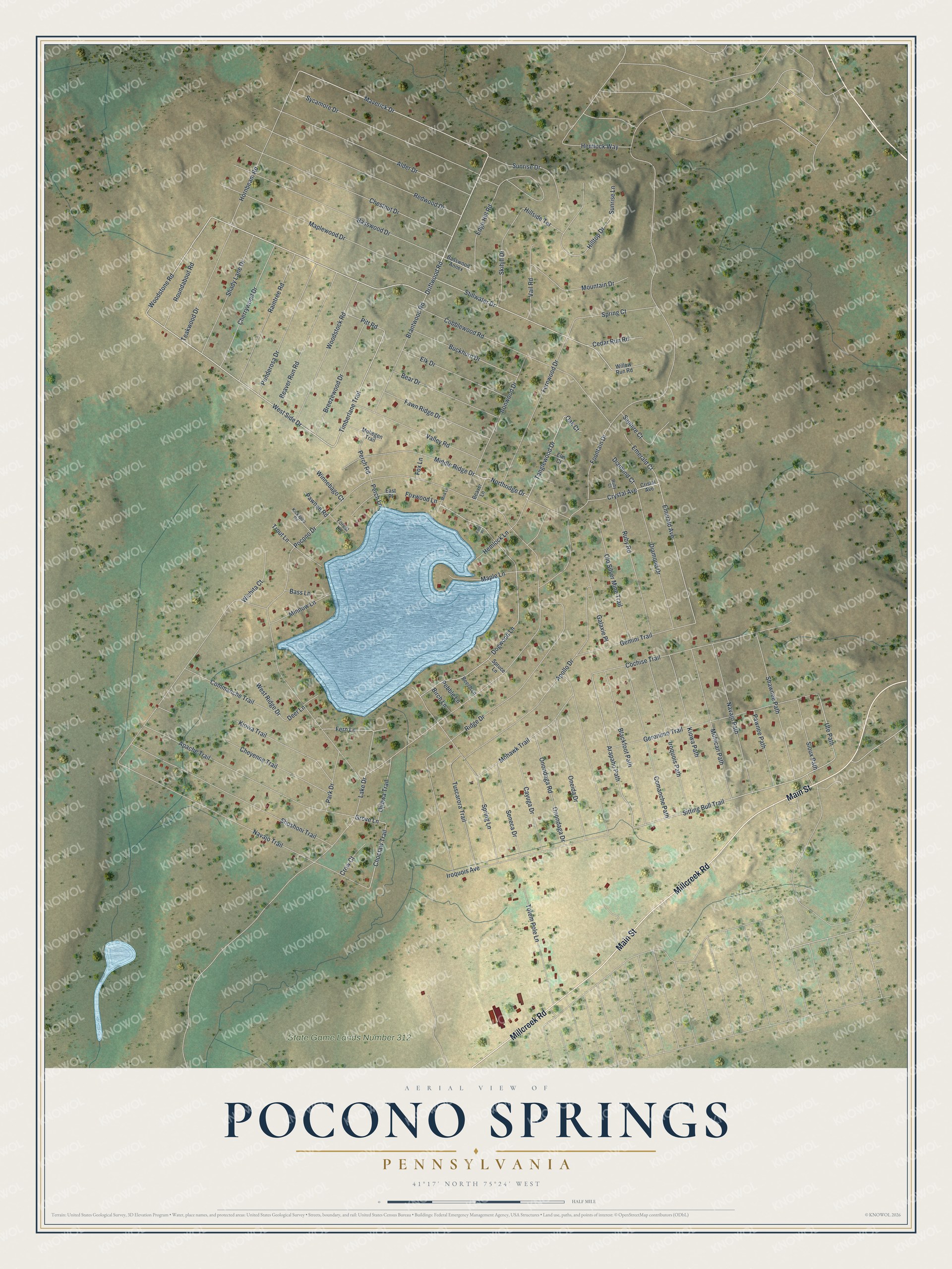 Full map of Pocono Springs, Pennsylvania, with red buildings, printed street names and the land around them