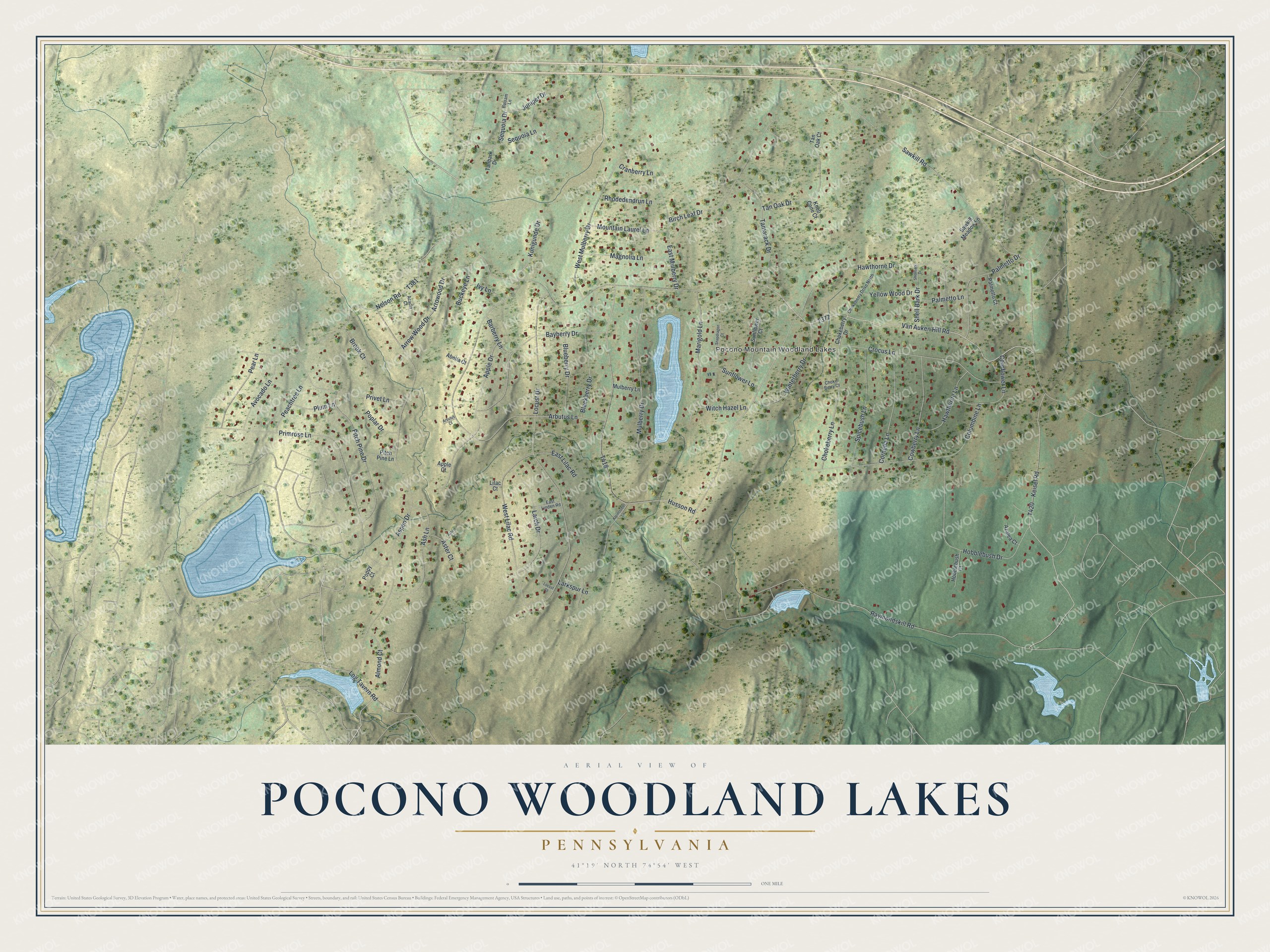 Full map of Pocono Woodland Lakes, Pennsylvania, with red buildings, printed street names and the land around them