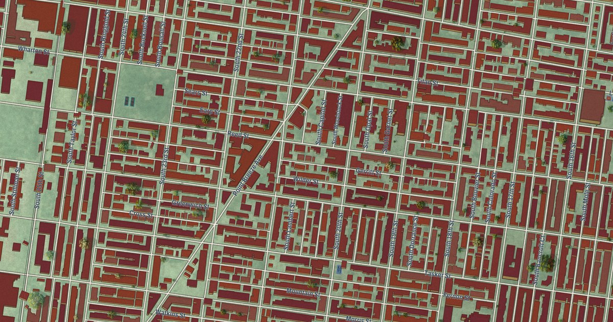 Close-up of streets and buildings in Point Breeze, Philadelphia, Pennsylvania